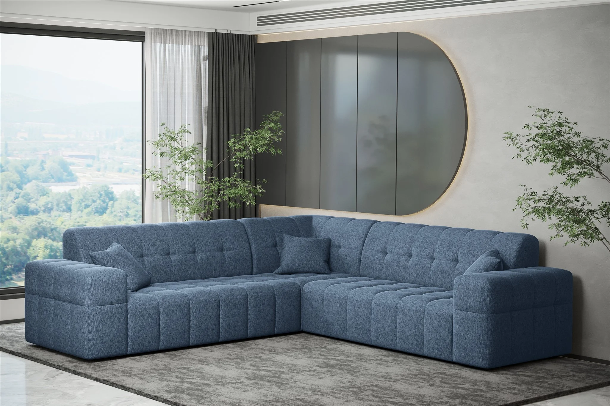 Ecksofa Designersofa NANCY in Stoff Neve Blau Seite Universal - Fun Möbel