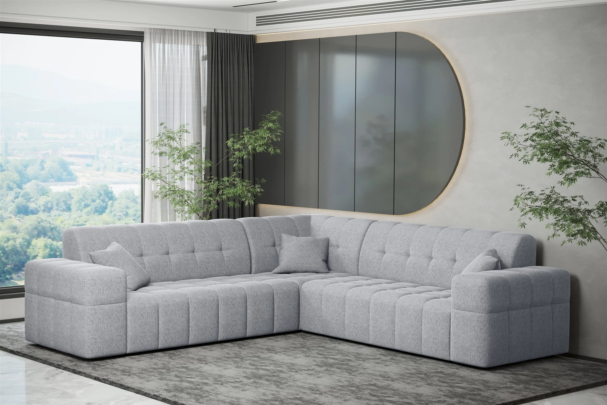 Ecksofa Designersofa NANCY in Stoff Neve Hellgrau Seite Universal - Fun Möbel