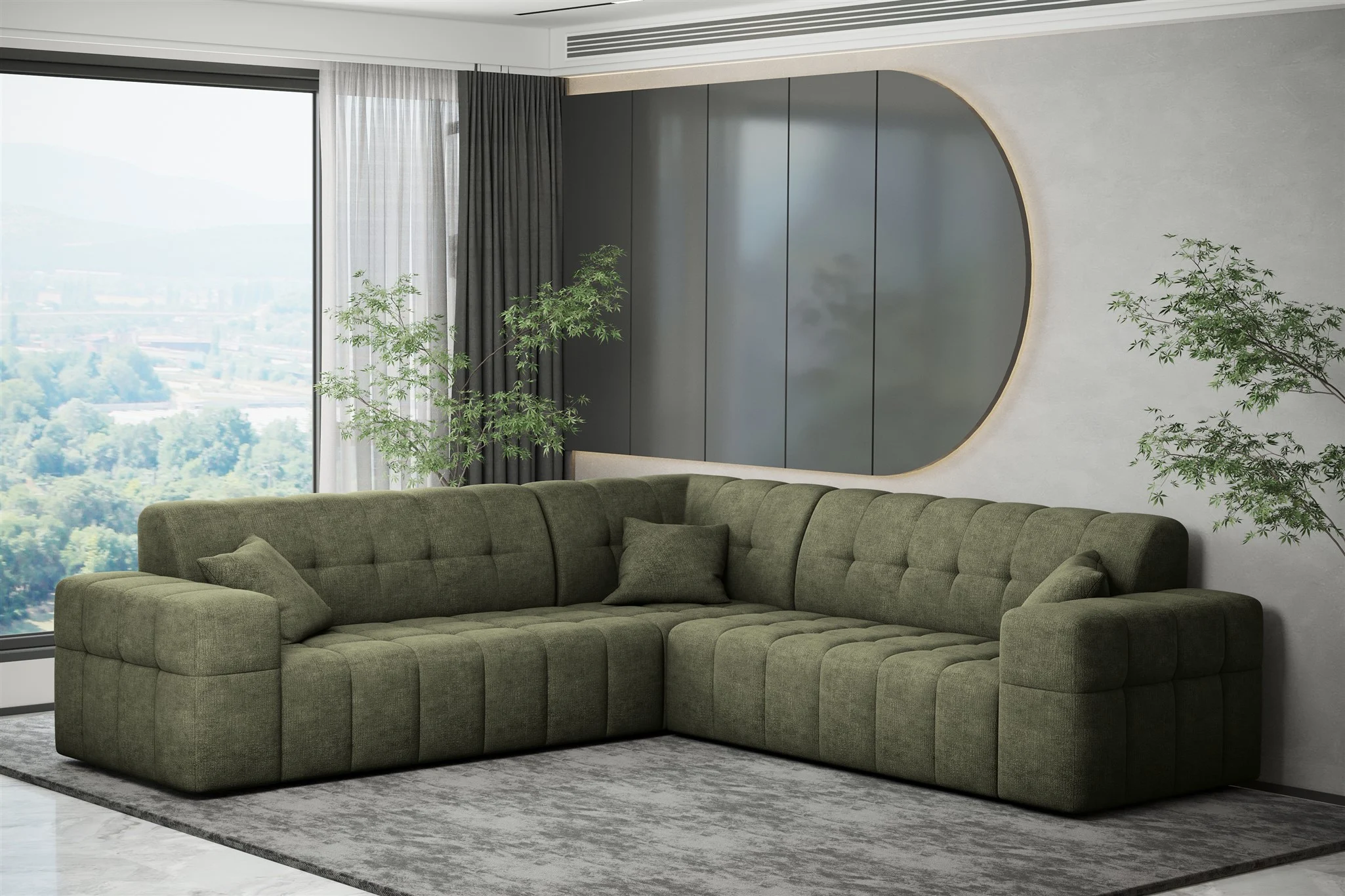 Ecksofa Designersofa NANCY in Stoff Perfekt Harmony Olivgrün Seite Universal - Fun Möbel