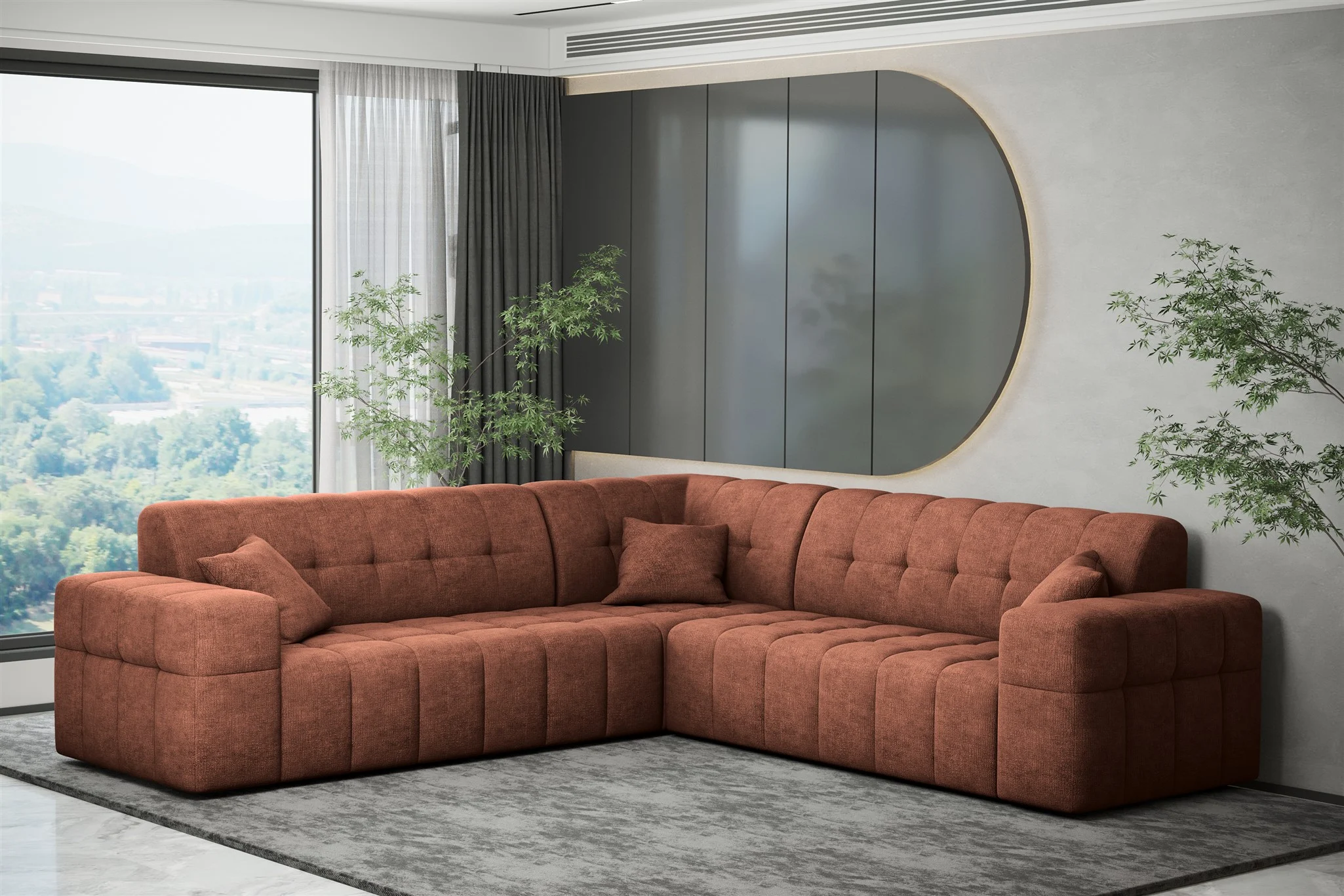 Ecksofa Designersofa NANCY in Stoff Perfekt Harmony Rostbraun Seite Universal - Fun Möbel