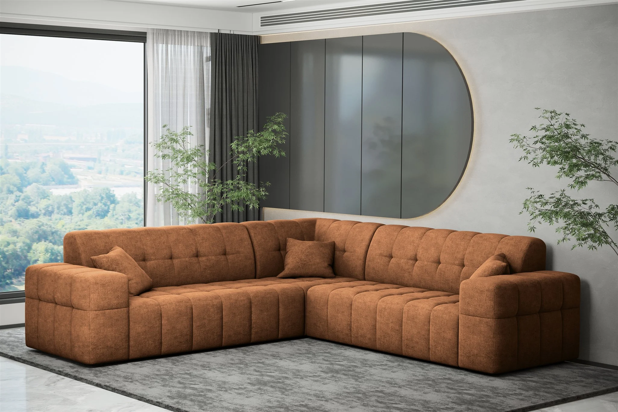 Ecksofa Designersofa NANCY in Stoff Perfekt Harmony Caramel Seite Universal - Fun Möbel