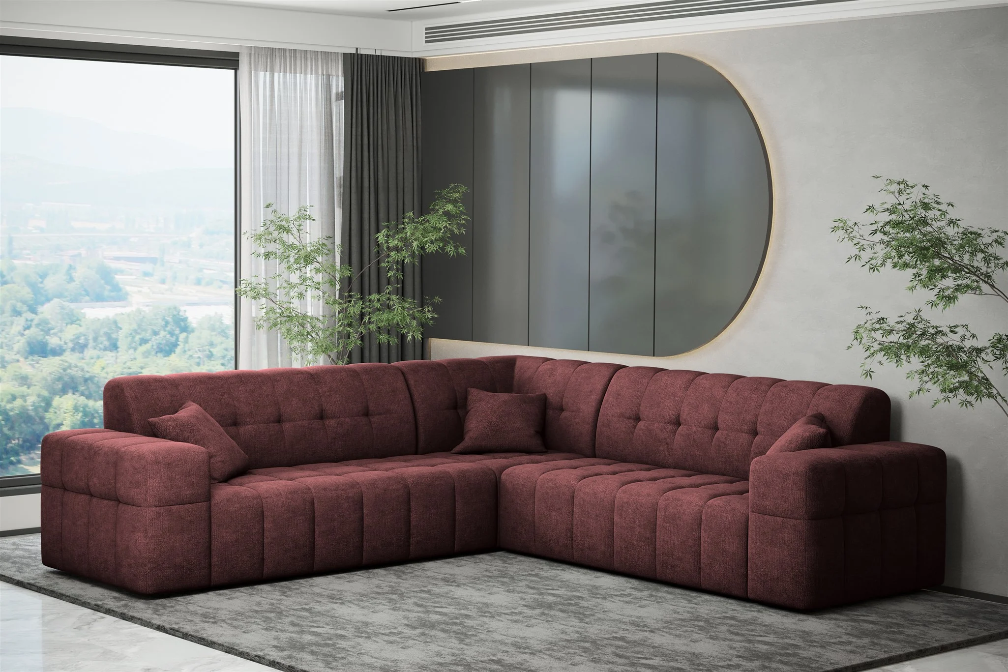 Ecksofa Designersofa NANCY in Stoff Perfekt Harmony Bordeauxrot Seite Universal - Fun Möbel