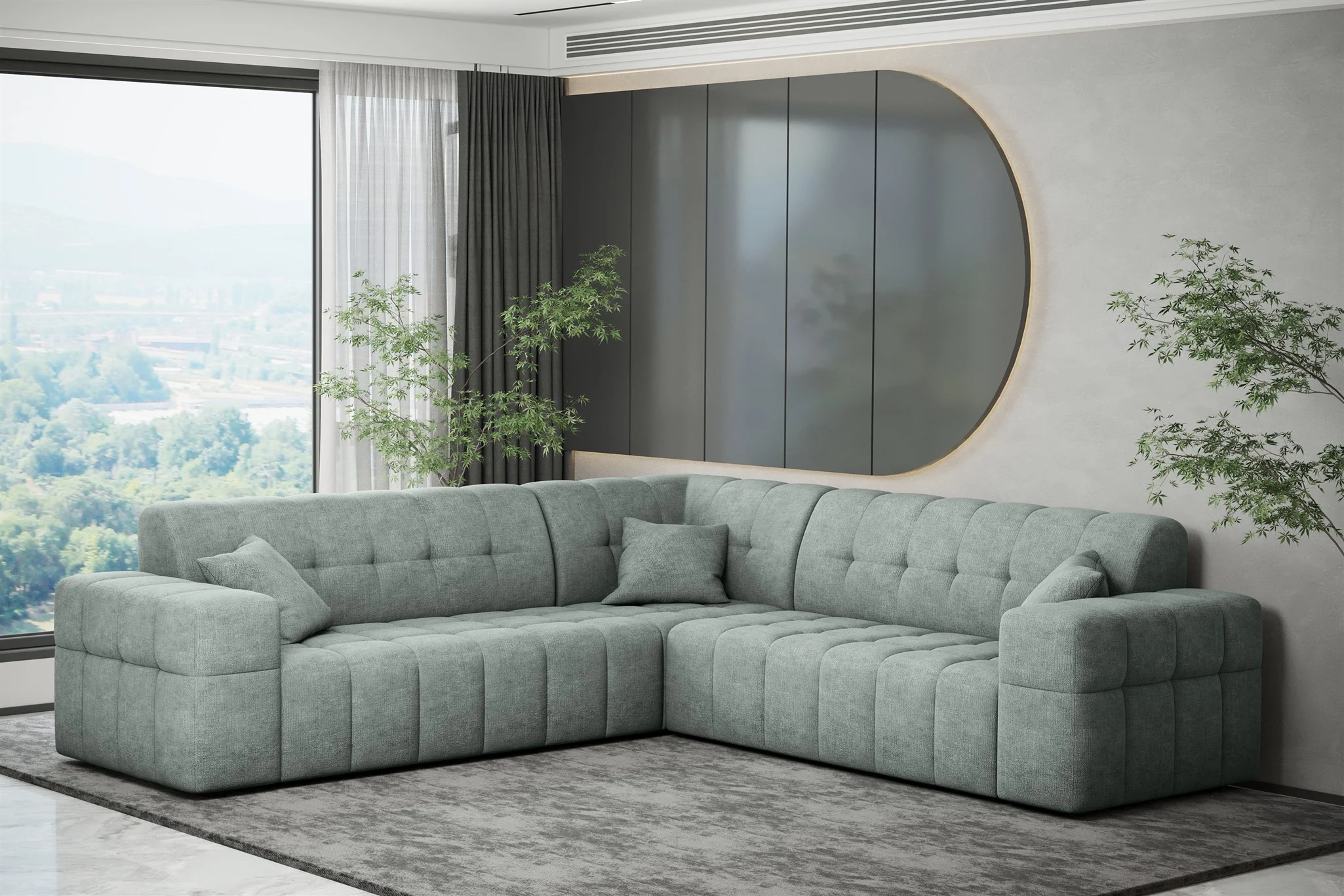 Ecksofa Designersofa NANCY in Stoff Perfekt Harmony Eisblau Seite Universal - Fun Möbel