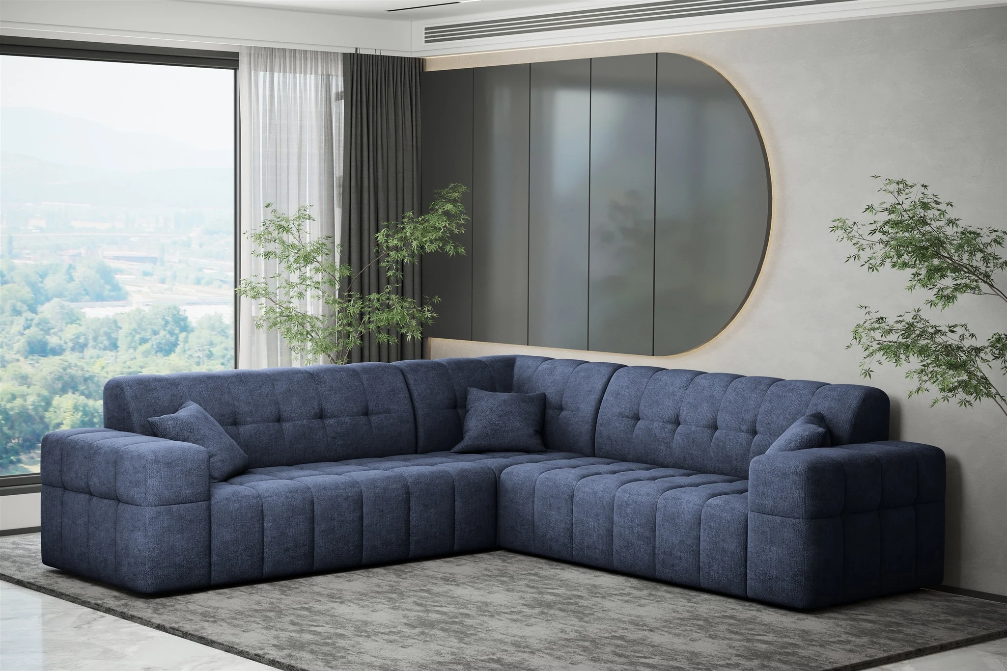 Ecksofa Designersofa NANCY in Stoff Perfekt Harmony Marineblau Seite Universal - Fun Möbel