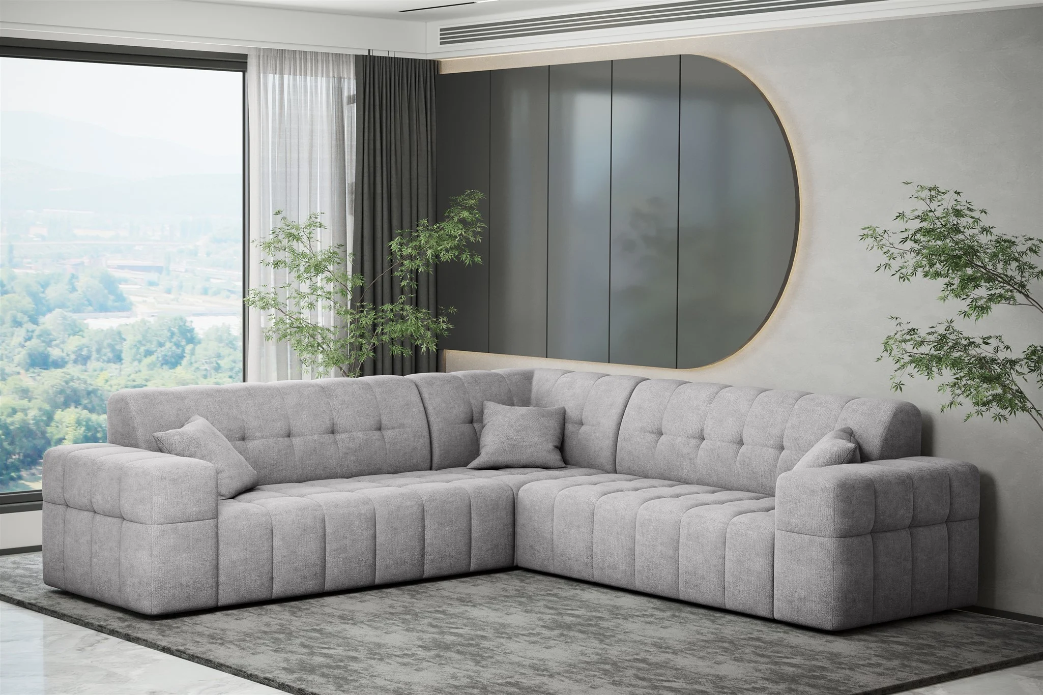 Ecksofa Designersofa NANCY in Stoff Perfekt Harmony Hellgrau Seite Universal - Fun Möbel