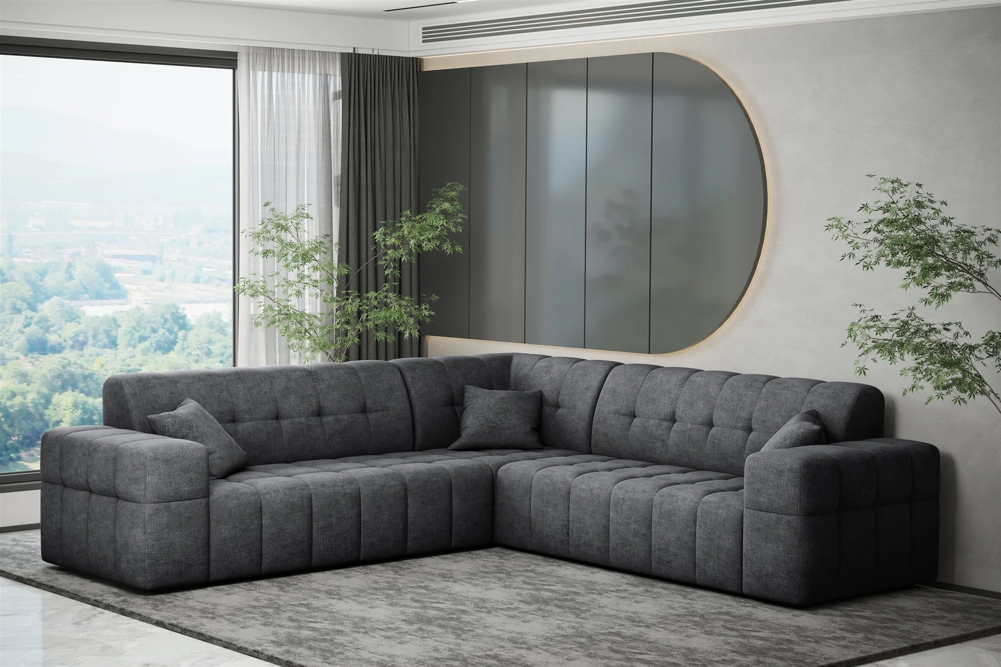 Ecksofa Designersofa NANCY in Stoff Perfekt Harmony Anthrazit Seite Universal - Fun Möbel