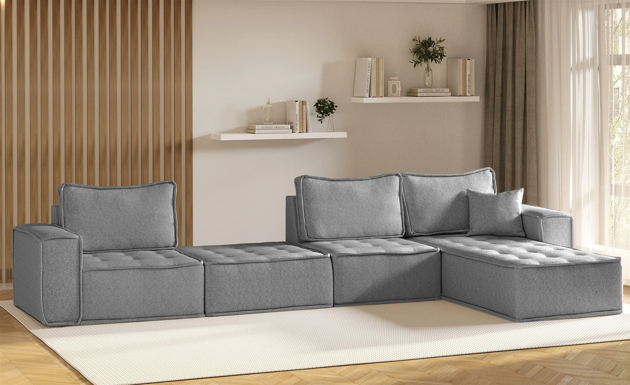 Ecksofa Modulsofa 4-teilig SANDE XL Stoff Raven Grau Ottomane Rechts
