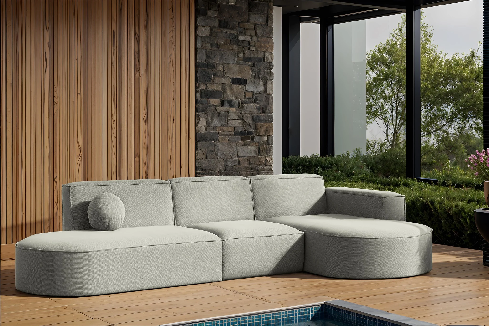 Garten Ecksofa SUNDAY in wetterfester Stoff ART-N Hellgrau Ottomane Rechts