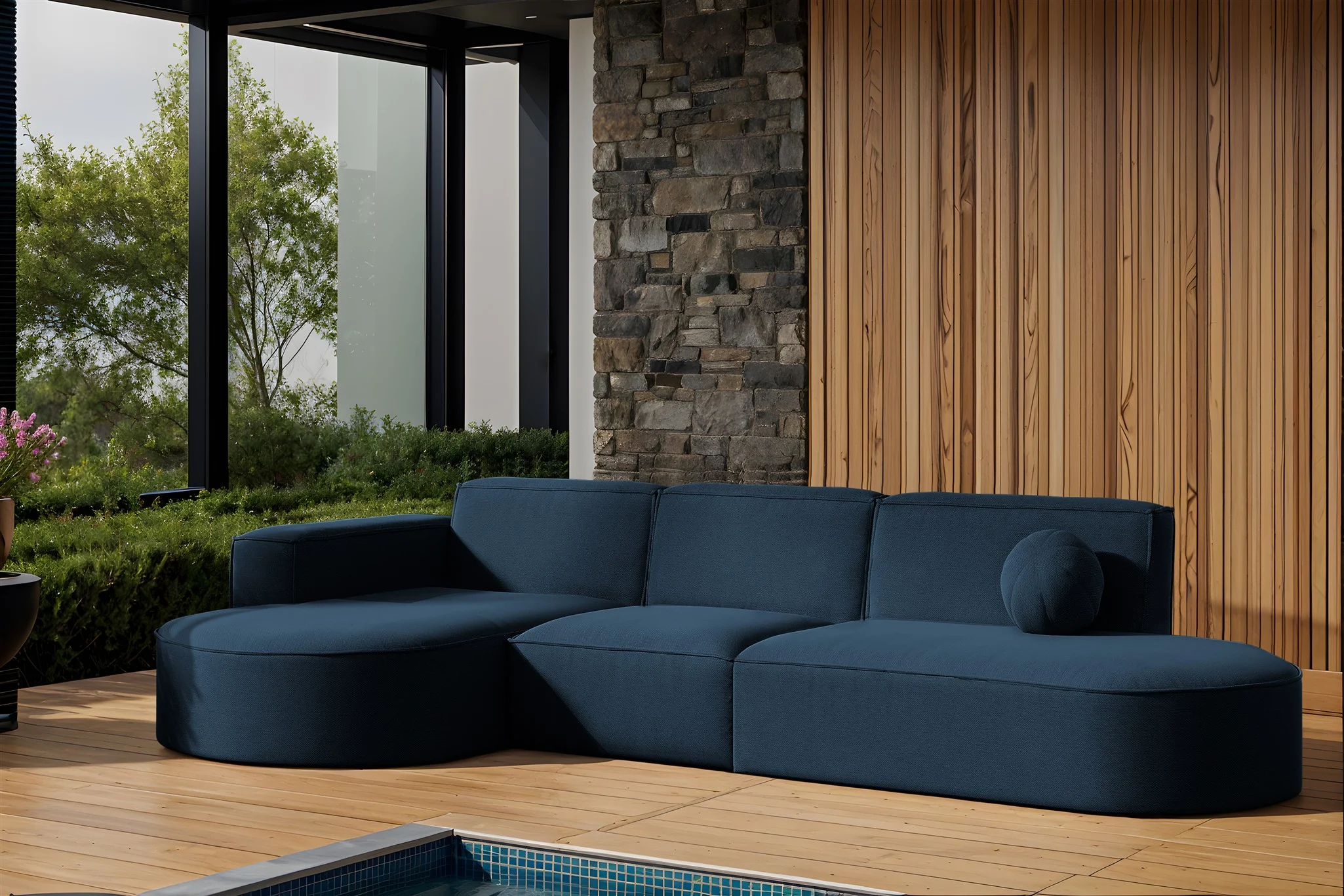 Garten Ecksofa SUNDAY in wetterfester Stoff ART-N Dunkelblau Ottomane Links