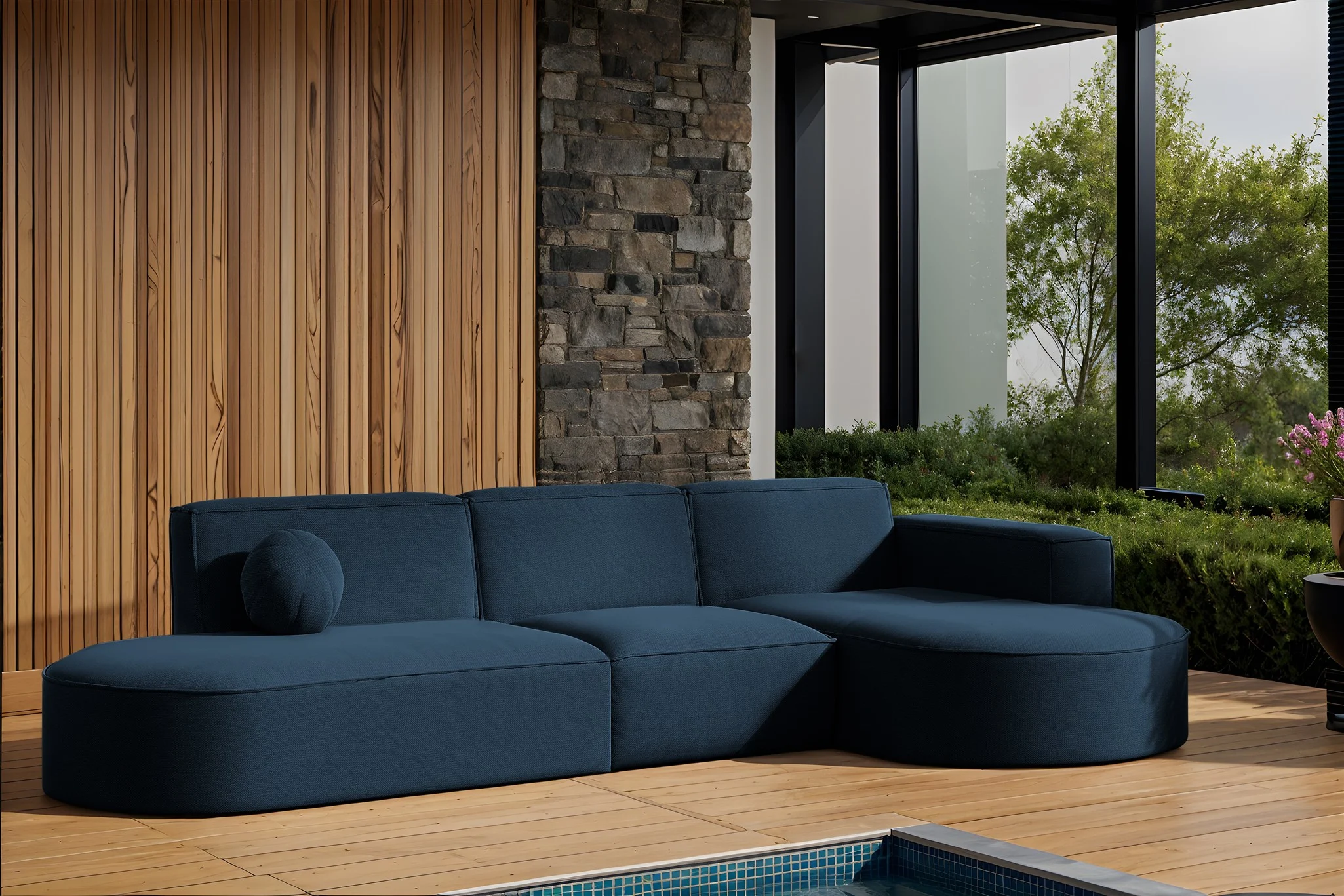 Garten Ecksofa SUNDAY in wetterfester Stoff ART-N Dunkelblau Ottomane Rechts