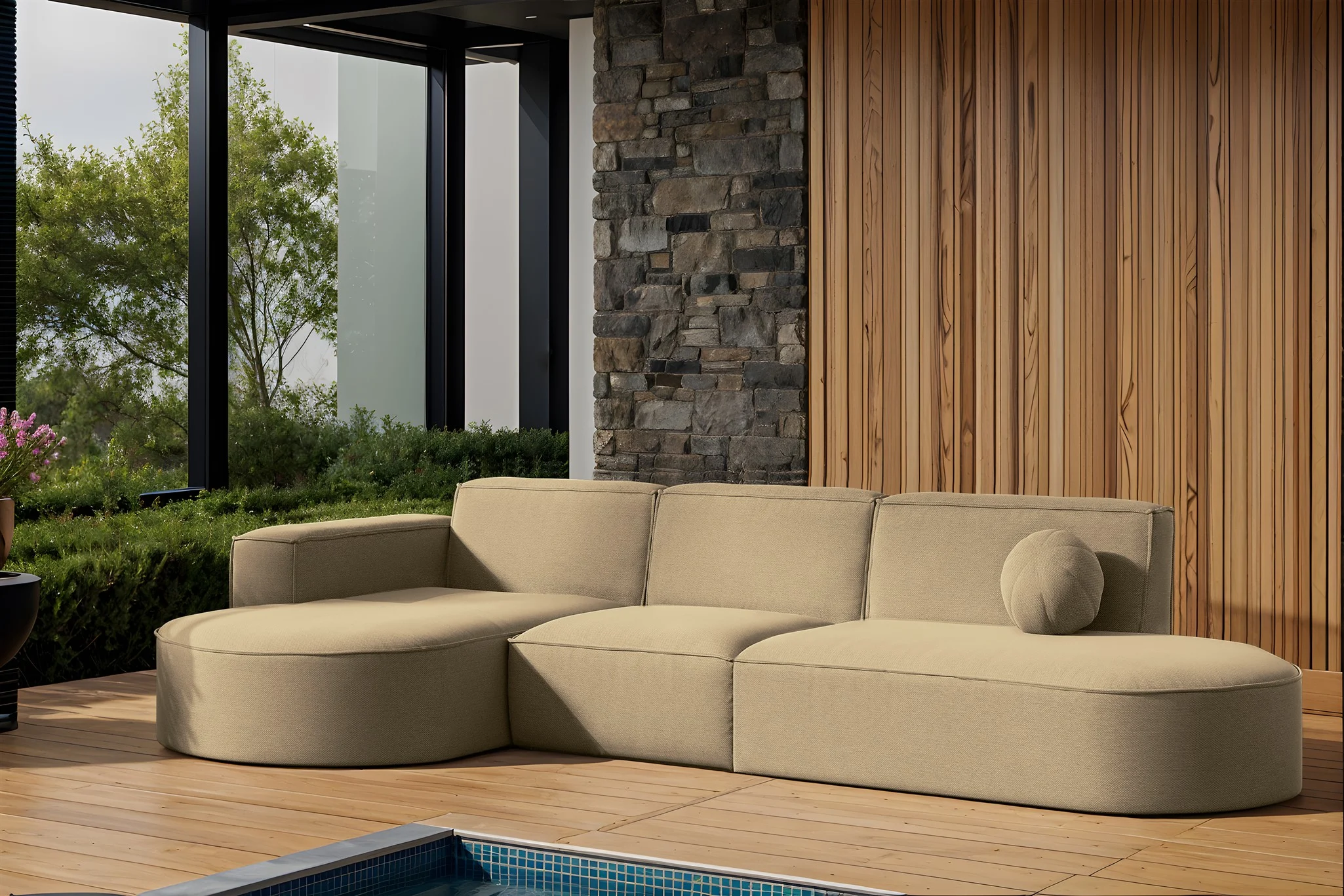 Garten Ecksofa SUNDAY in wetterfester Stoff ART-N Beige Ottomane Links