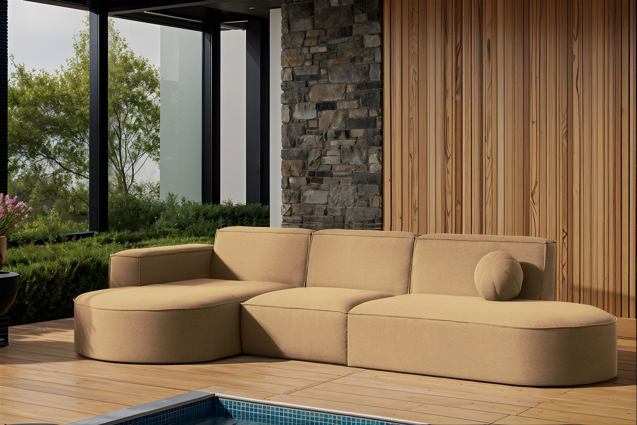 Garten Ecksofa SUNDAY in wetterfester Stoff ART-N Caramel Ottomane Links