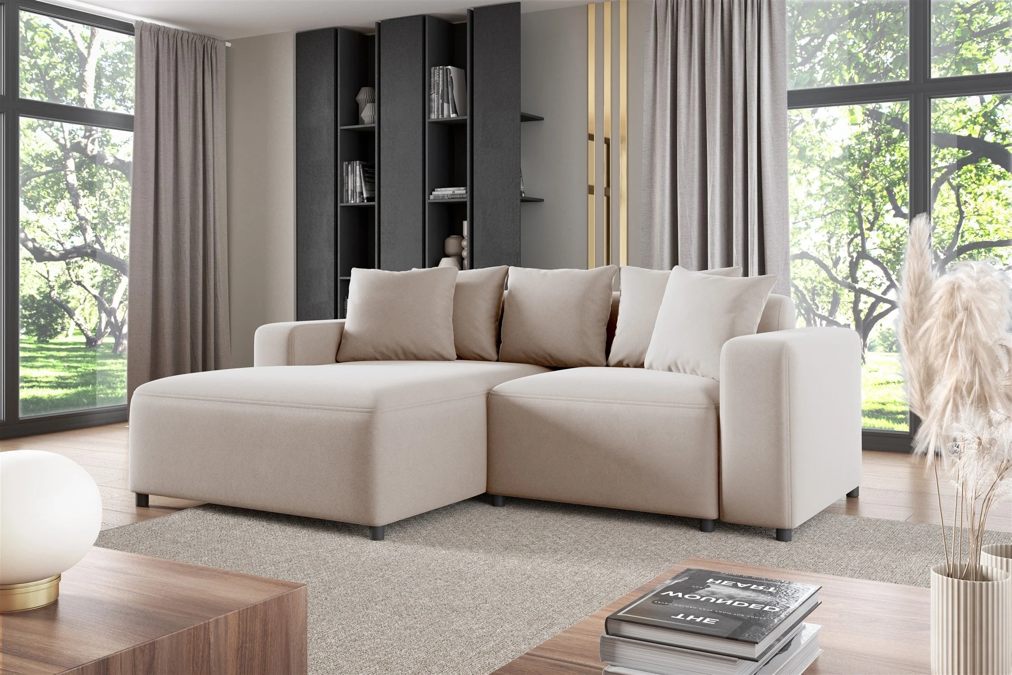 Ecksofa Designersofa Sofa MEGAN XS in Stoff Salvador Hellbeige Ottomane Links - Fun Möbel