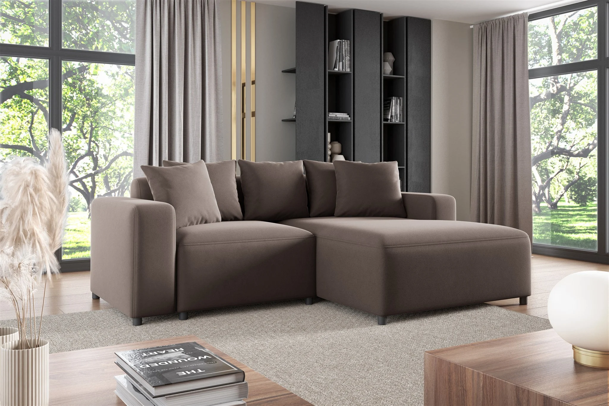 Ecksofa Designersofa Sofa MEGAN XS in Stoff Salvador Braun Ottomane Rechts - Fun Möbel