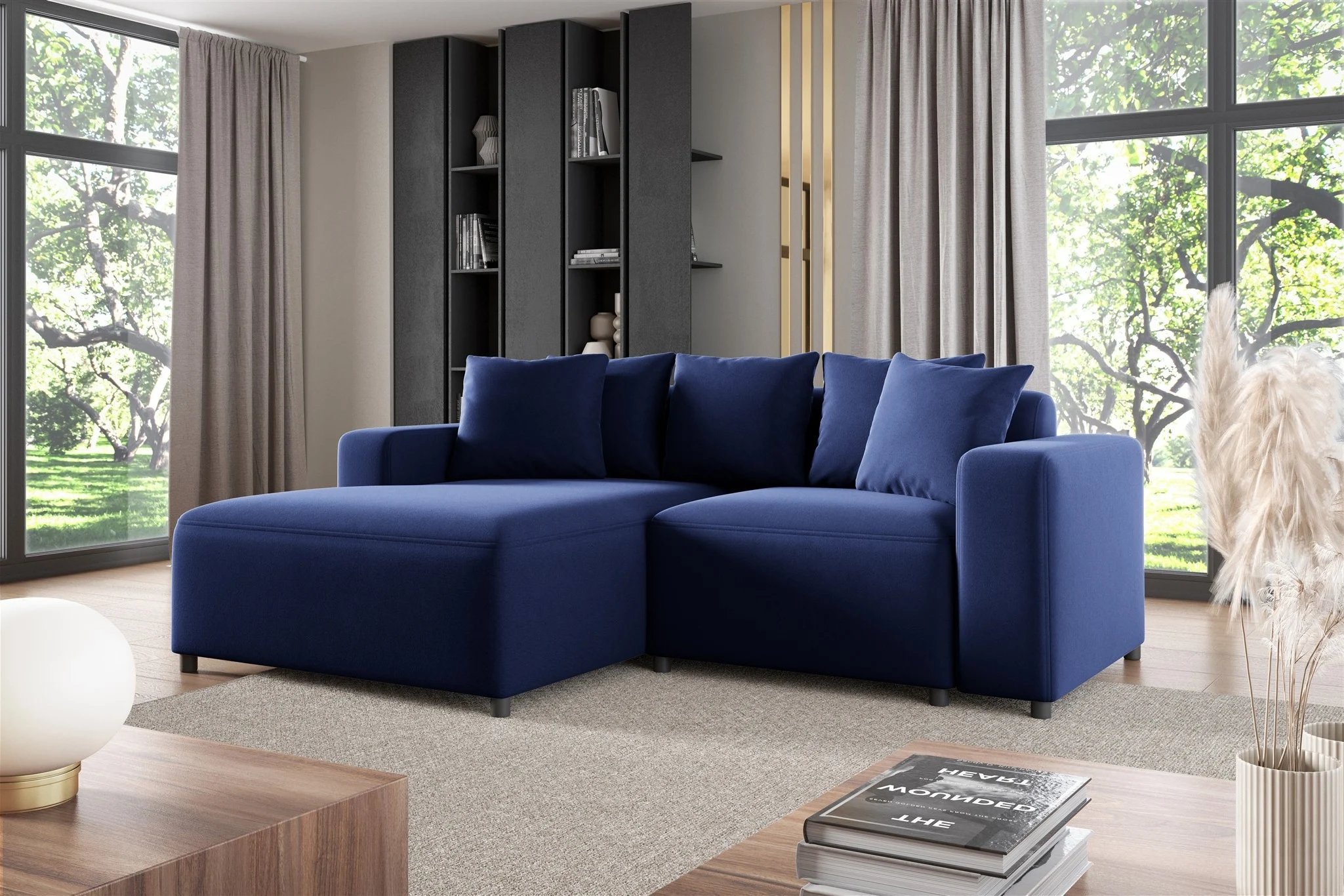 Ecksofa Designersofa Sofa MEGAN XS in Stoff Salvador Dunkelblau Ottomane Links - Fun Möbel