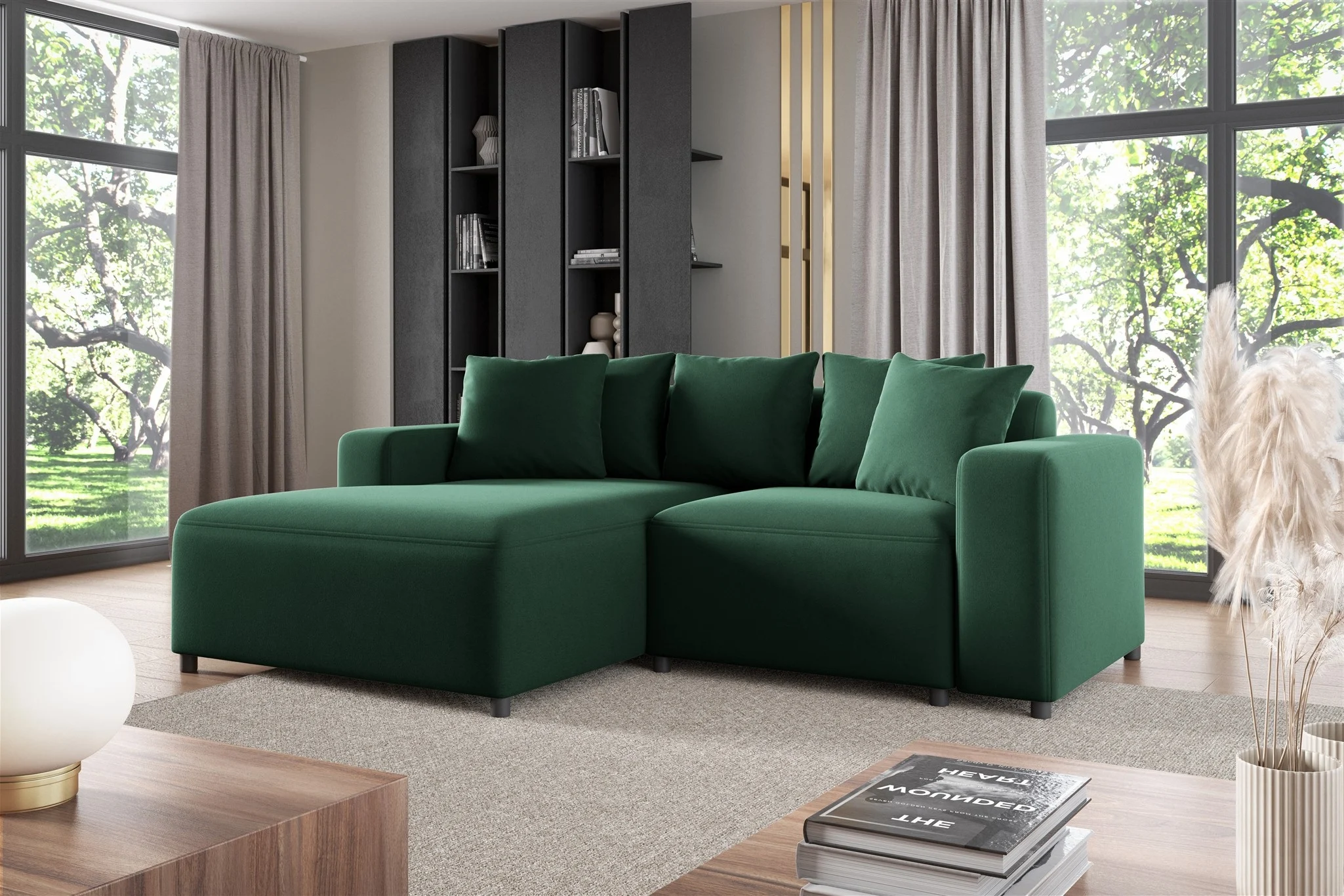 Ecksofa Designersofa Sofa MEGAN XS in Stoff Salvador Dunkelgrün Ottomane Links - Fun Möbel