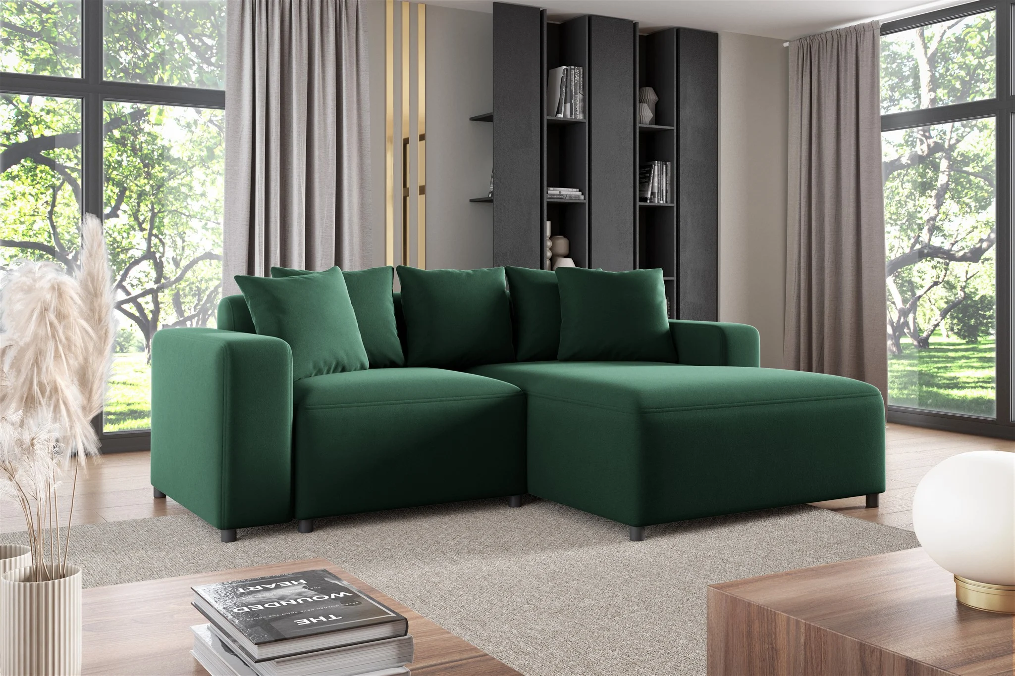 Ecksofa Designersofa Sofa MEGAN XS in Stoff Salvador Dunkelgrün Ottomane Rechts - Fun Möbel
