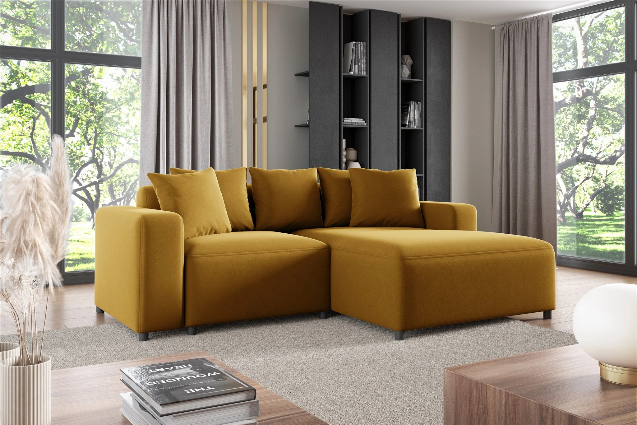 Ecksofa Designersofa Sofa MEGAN XS in Stoff Salvador Honiggelb Ottomane Rechts - Fun Möbel