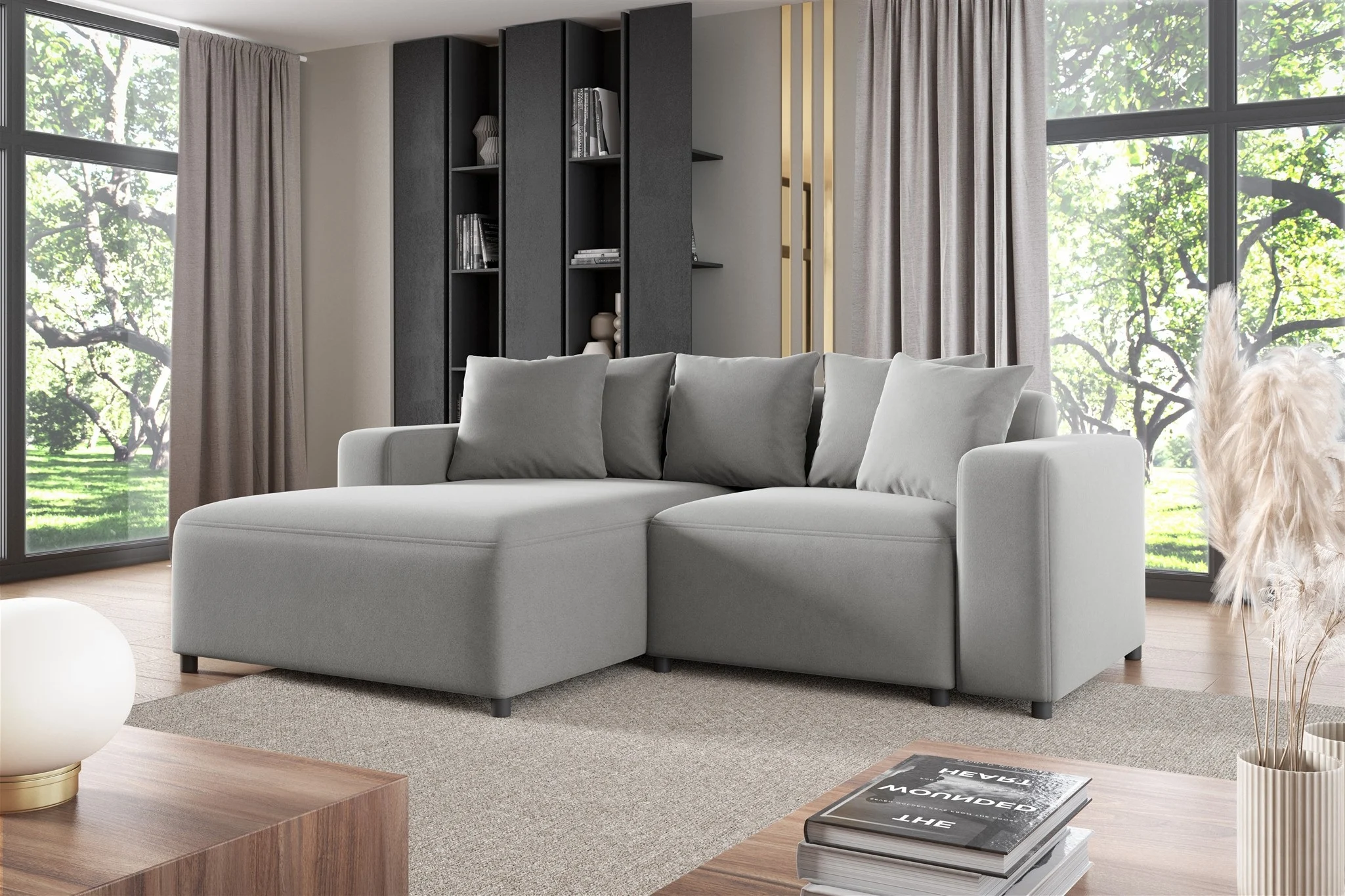 Ecksofa Designersofa Sofa MEGAN XS in Stoff Salvador Hellgrau Ottomane Links - Fun Möbel