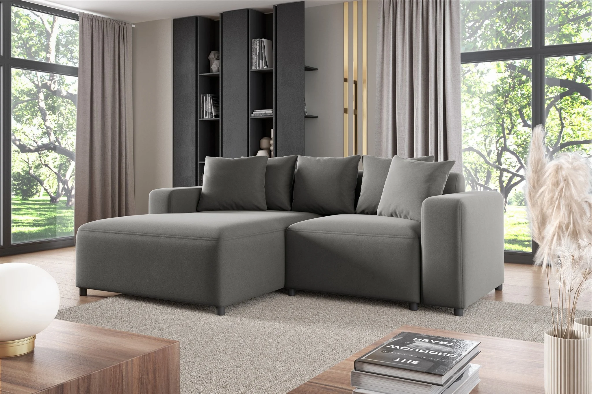 Ecksofa Designersofa Sofa MEGAN XS in Stoff Salvador Grau Ottomane Links - Fun Möbel
