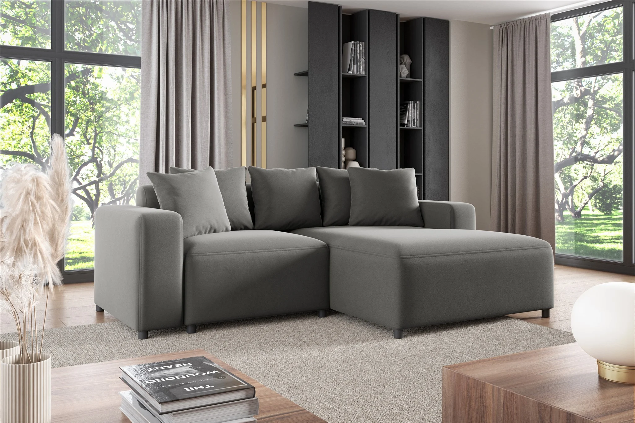 Ecksofa Designersofa Sofa MEGAN XS in Stoff Salvador Grau Ottomane Rechts - Fun Möbel