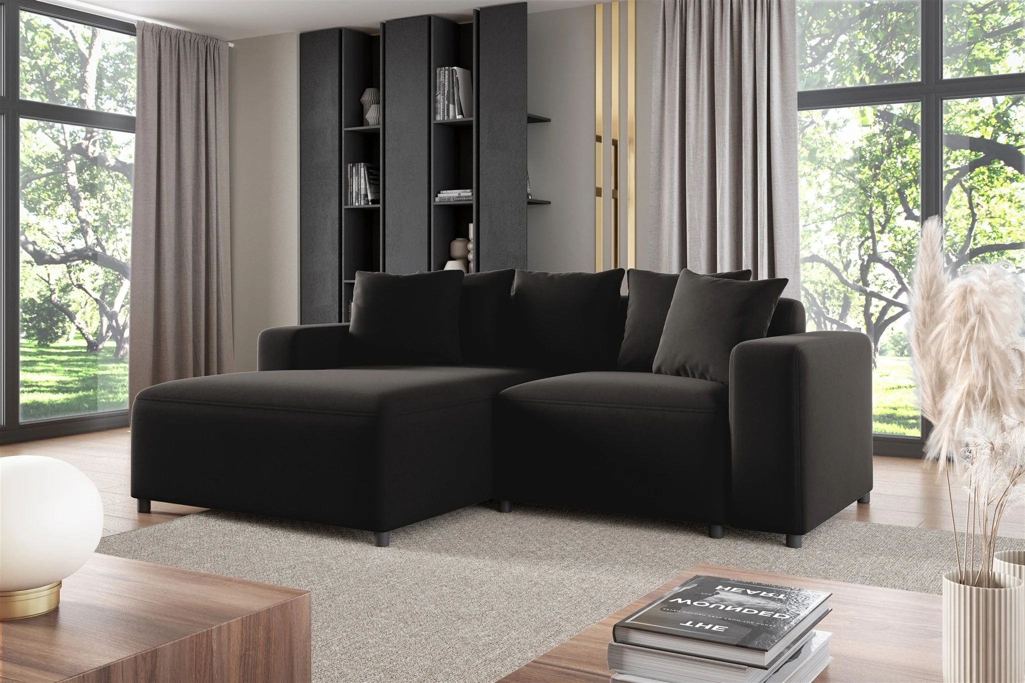 Ecksofa Designersofa Sofa MEGAN XS in Stoff Salvador Schwarz Ottomane Links - Fun Möbel