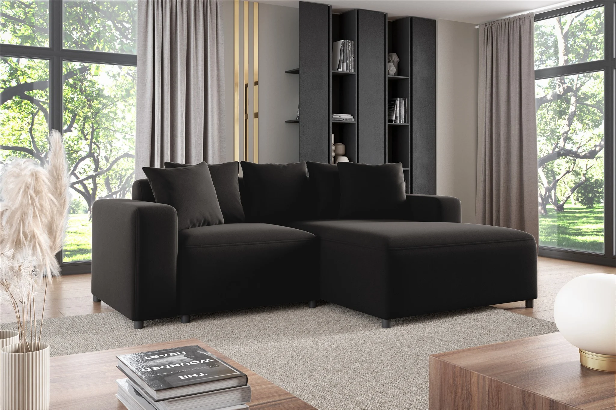 Ecksofa Designersofa Sofa MEGAN XS in Stoff Salvador Schwarz Ottomane Rechts - Fun Möbel