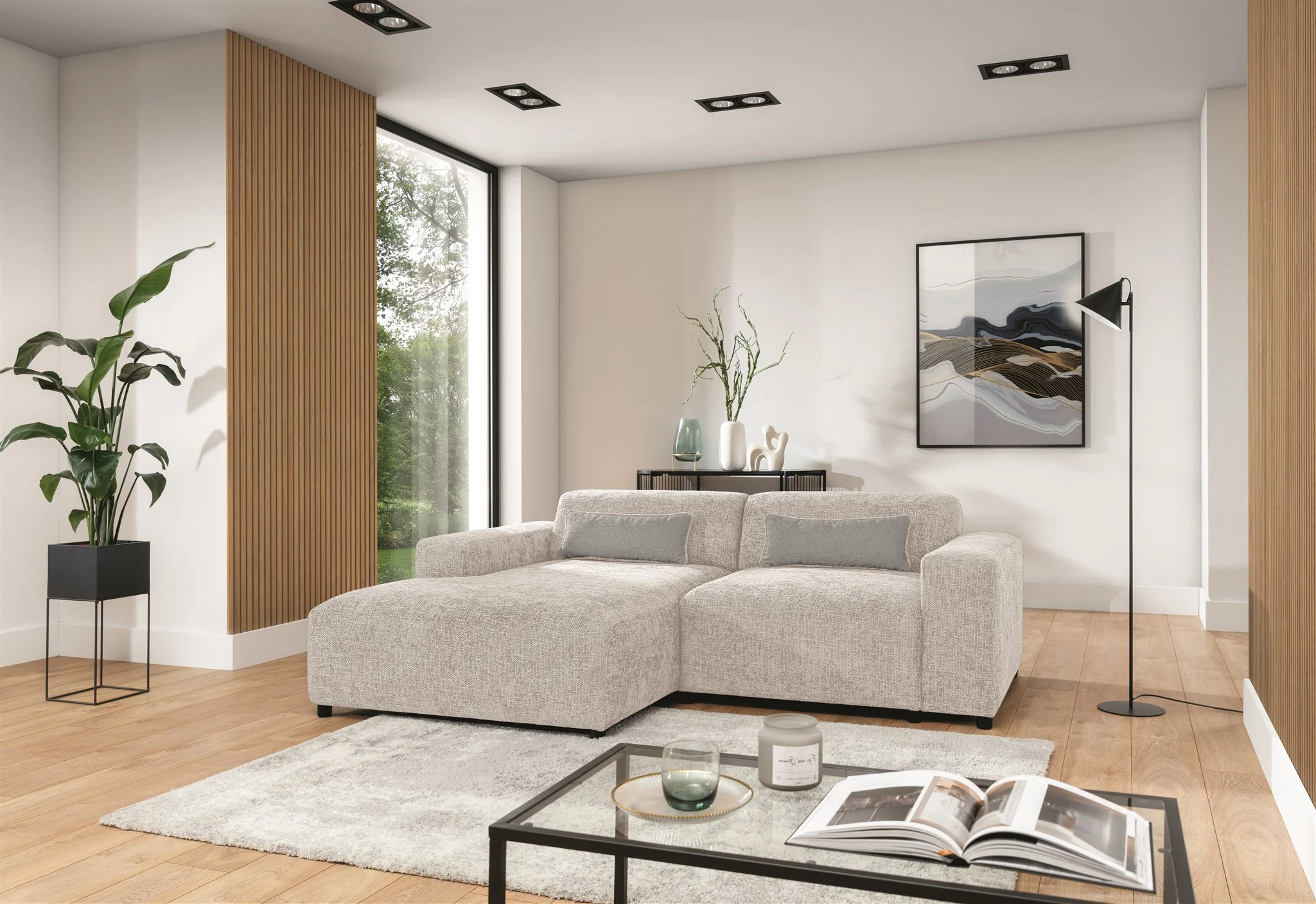 Ecksofa Designersofa ROMY XS in Stoff Enjoy Me Creme Ottomane Links - Fun Möbel