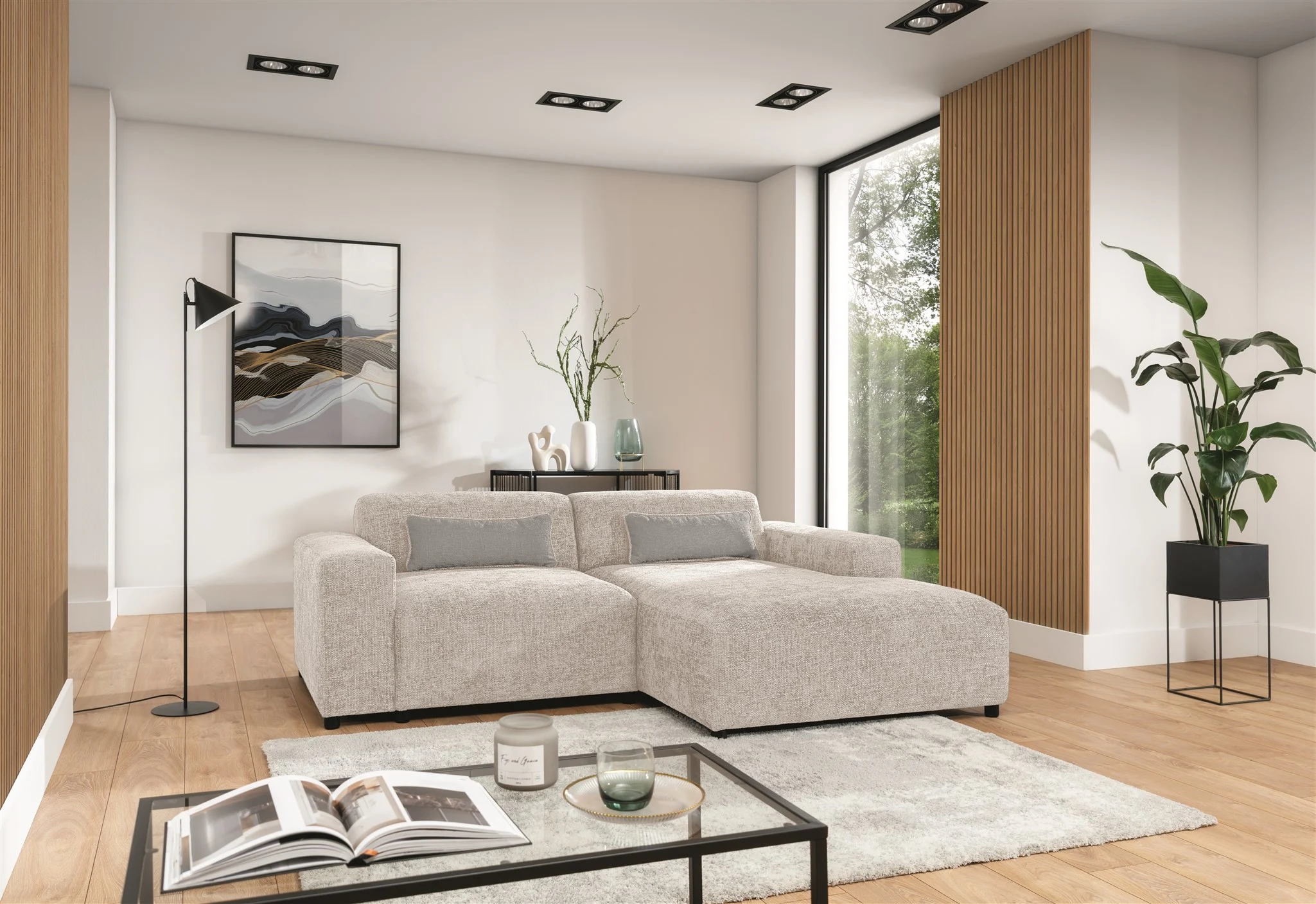 Ecksofa Designersofa ROMY XS in Stoff Enjoy Me Creme Ottomane Rechts - Fun Möbel