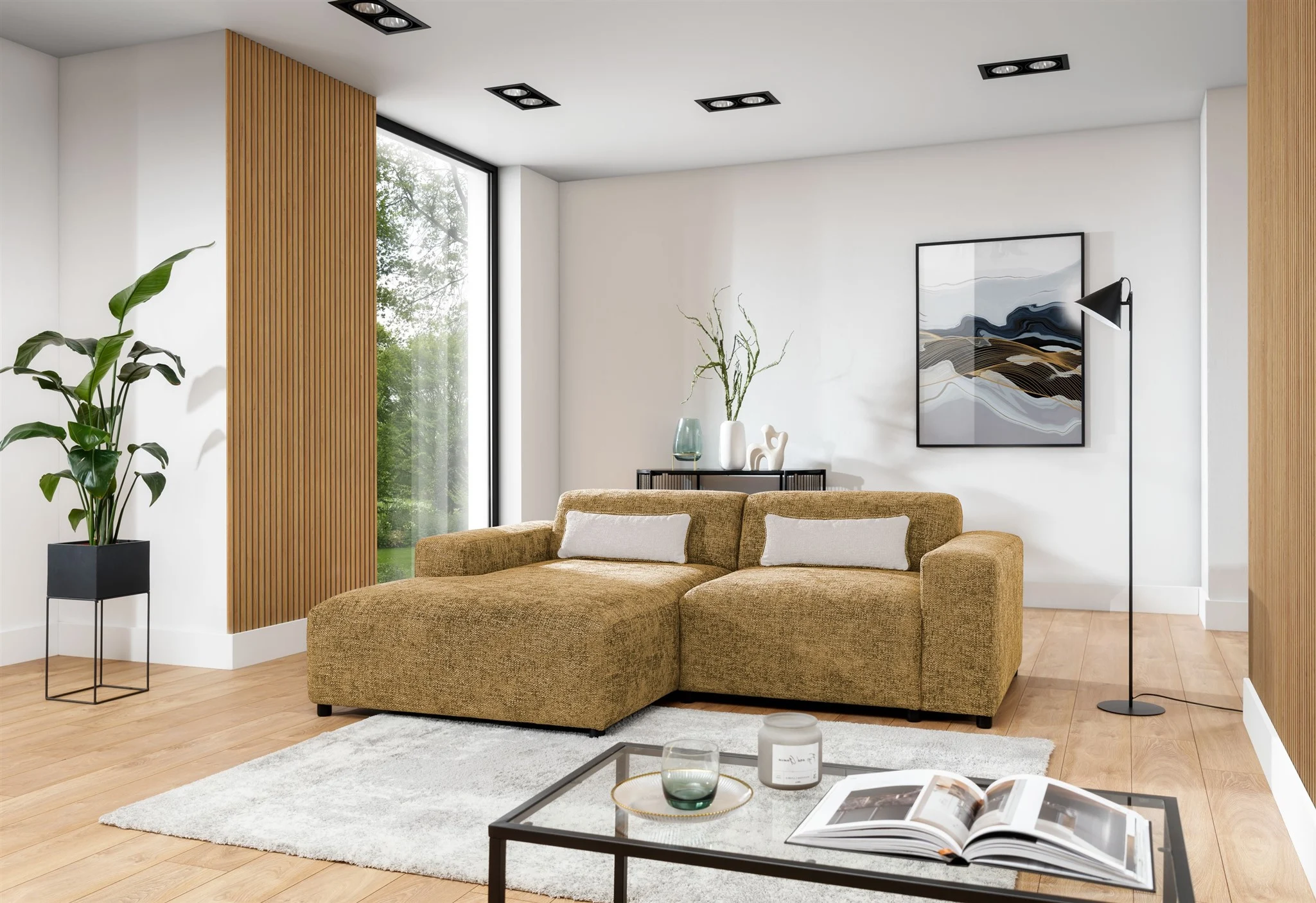 Ecksofa Designersofa ROMY XS in Stoff Enjoy Me Honiggelb Ottomane Links - Fun Möbel