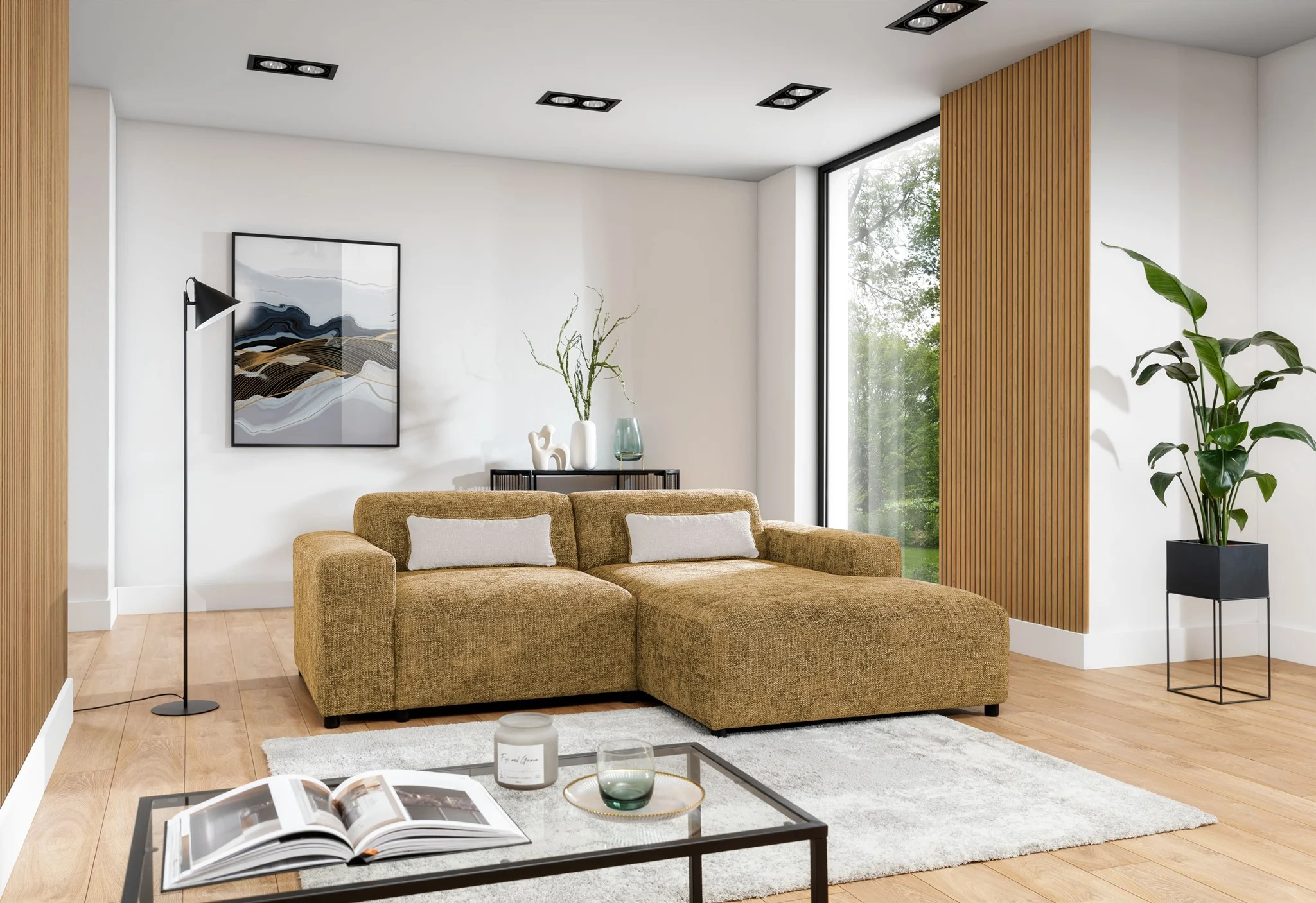 Ecksofa Designersofa ROMY XS in Stoff Enjoy Me Honiggelb Ottomane Rechts - Fun Möbel