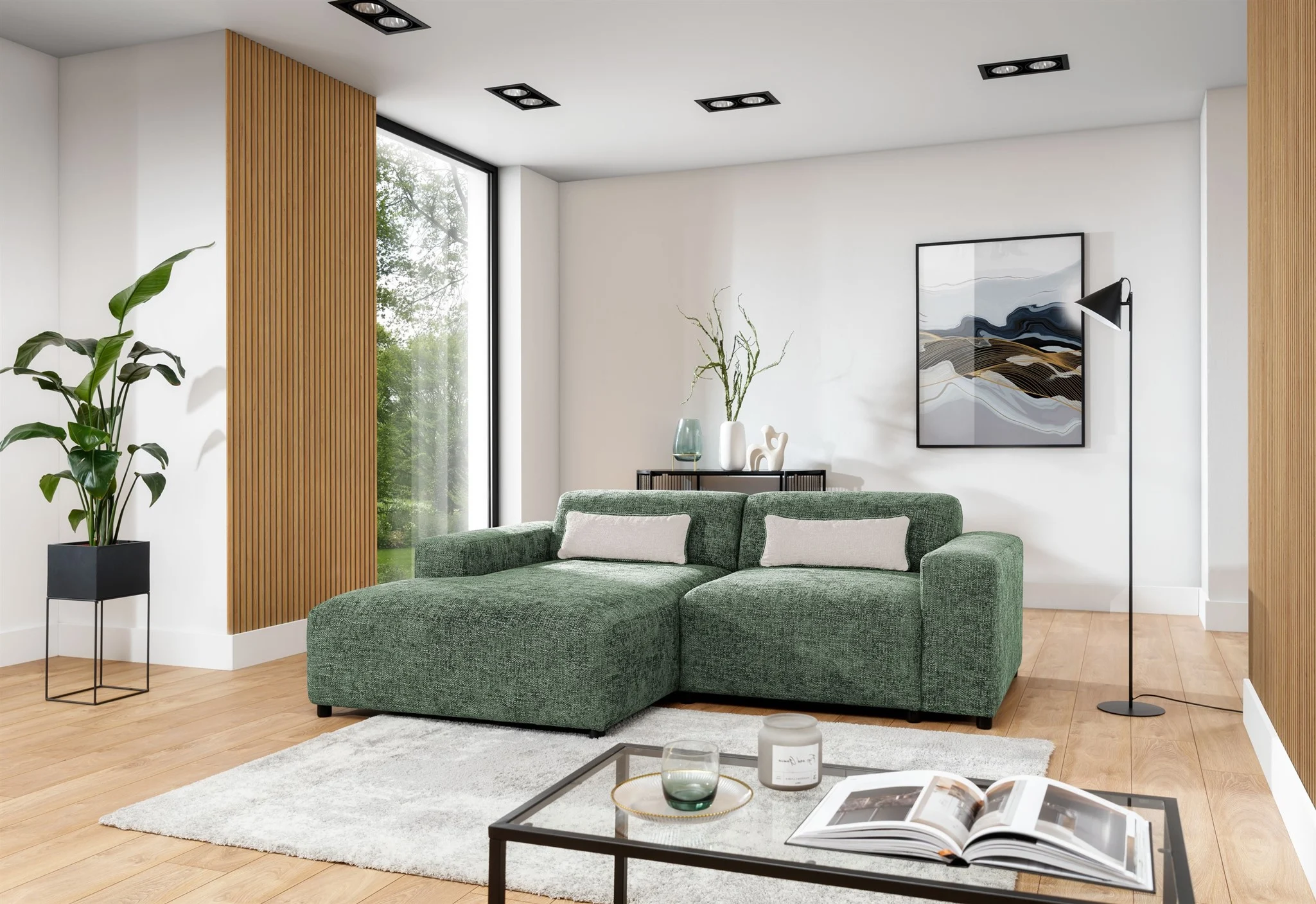 Ecksofa Designersofa ROMY XS in Stoff Enjoy Me Olivgrün Ottomane Links - Fun Möbel