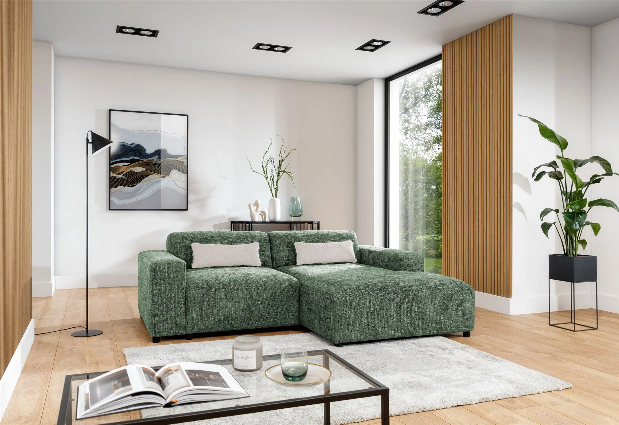 Ecksofa Designersofa ROMY XS in Stoff Enjoy Me Olivgrün Ottomane Rechts - Fun Möbel