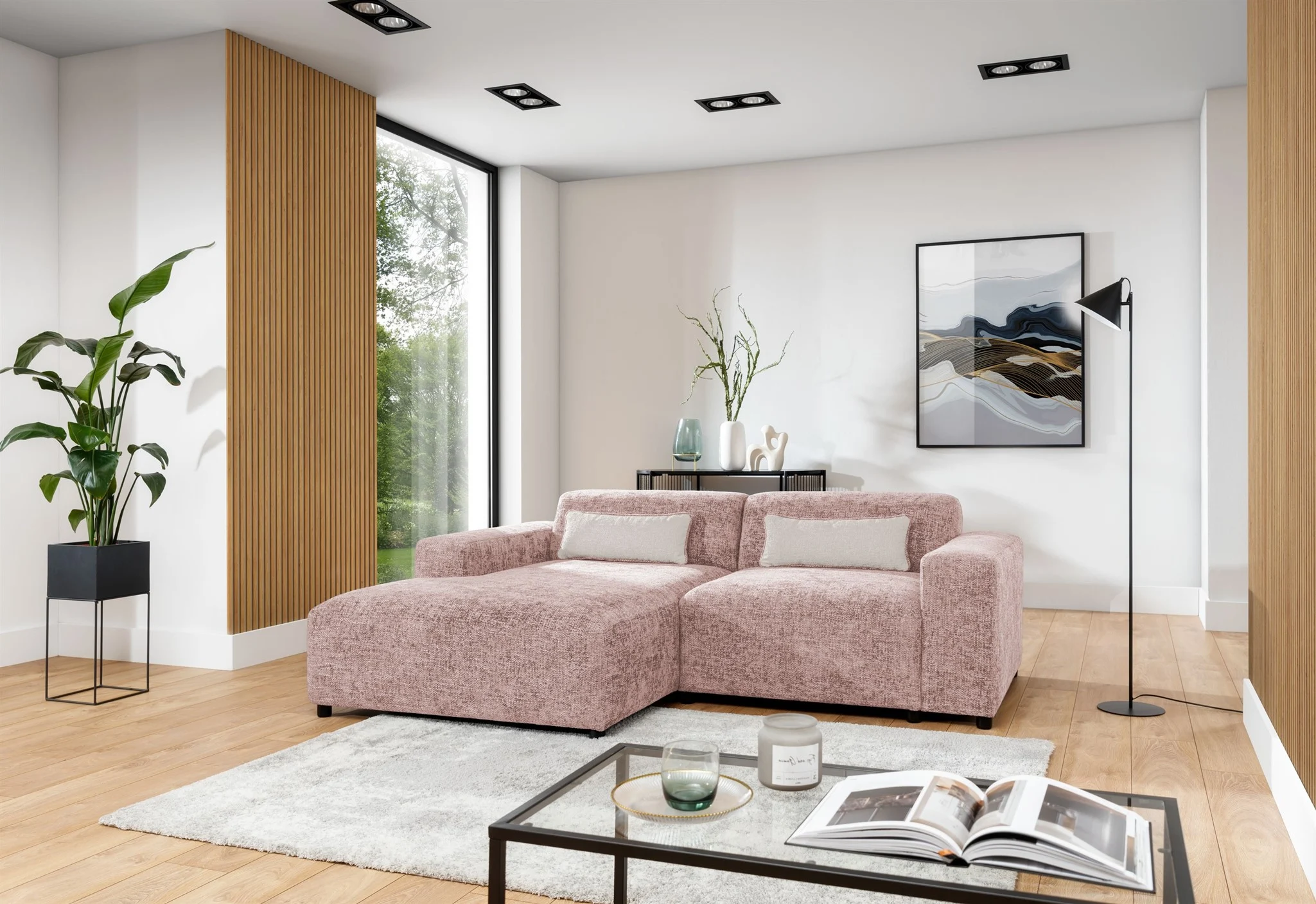 Ecksofa Designersofa ROMY XS in Stoff Enjoy Me Rosa Ottomane Links - Fun Möbel