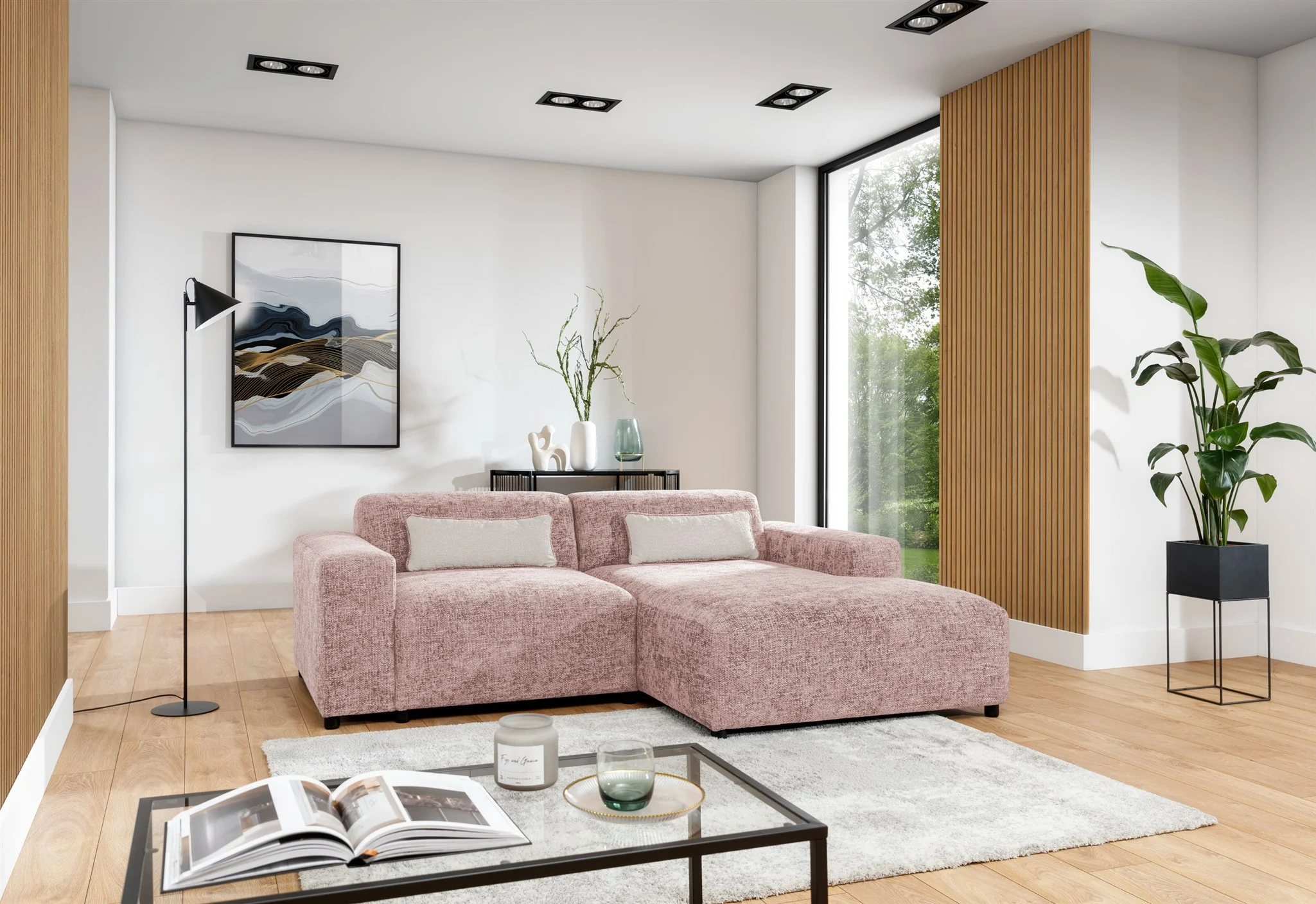 Ecksofa Designersofa ROMY XS in Stoff Enjoy Me Rosa Ottomane Rechts - Fun Möbel