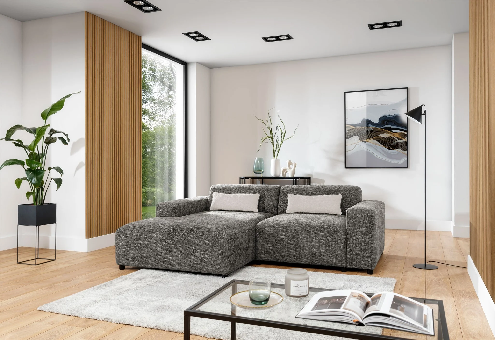 Ecksofa Designersofa ROMY XS in Stoff Enjoy Me Taupe Ottomane Links - Fun Möbel