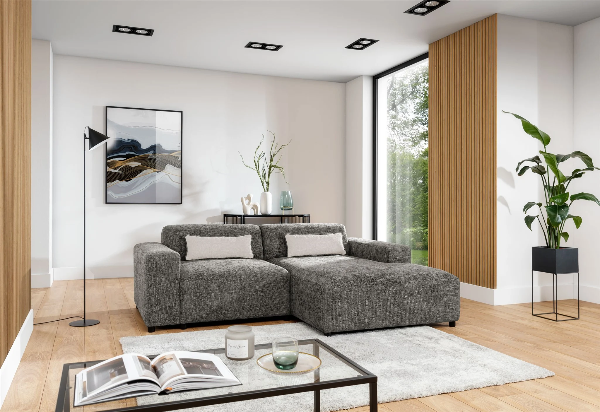 Ecksofa Designersofa ROMY XS in Stoff Enjoy Me Taupe Ottomane Rechts - Fun Möbel