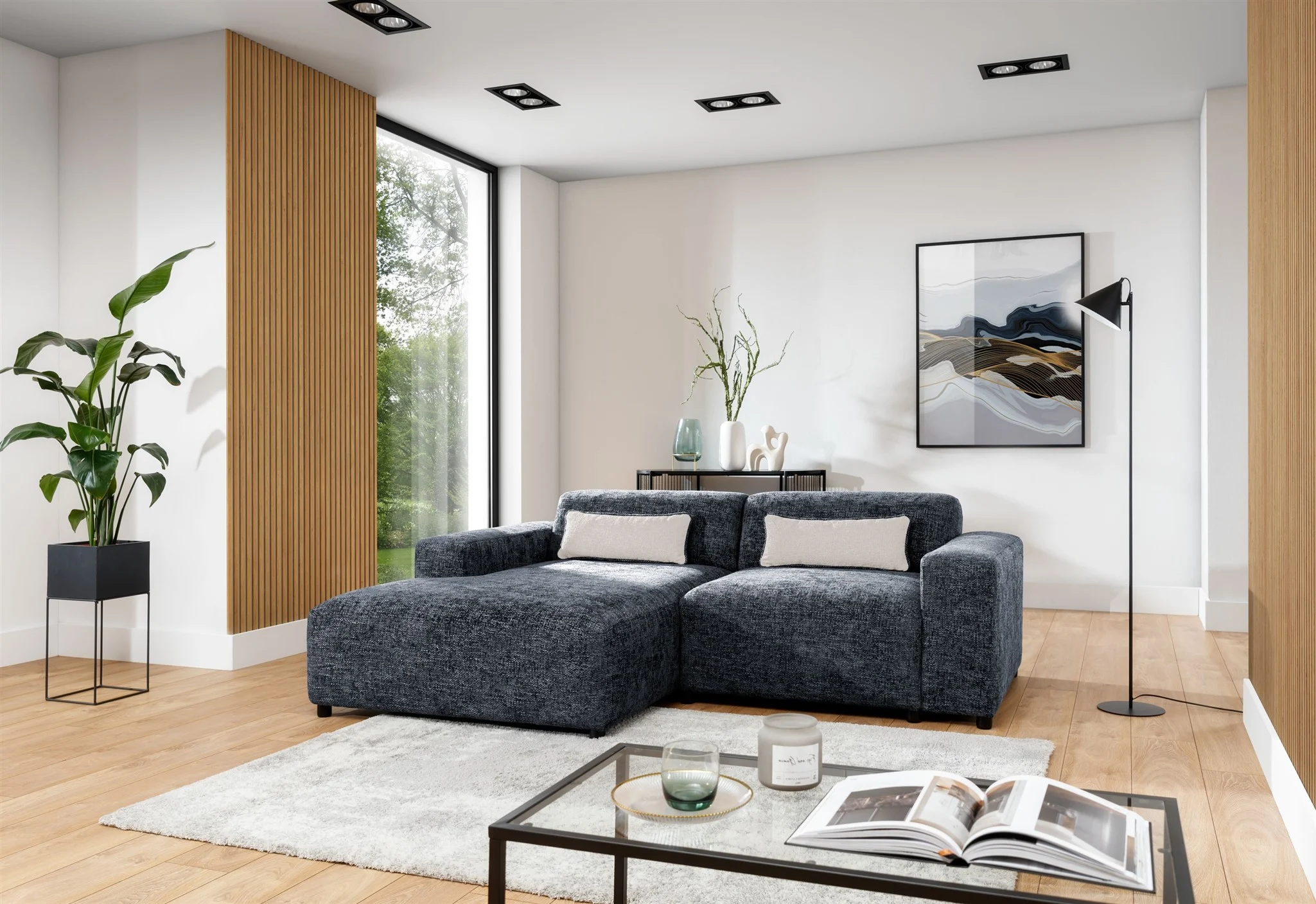 Ecksofa Designersofa ROMY XS in Stoff Enjoy Me Blau Ottomane Links - Fun Möbel