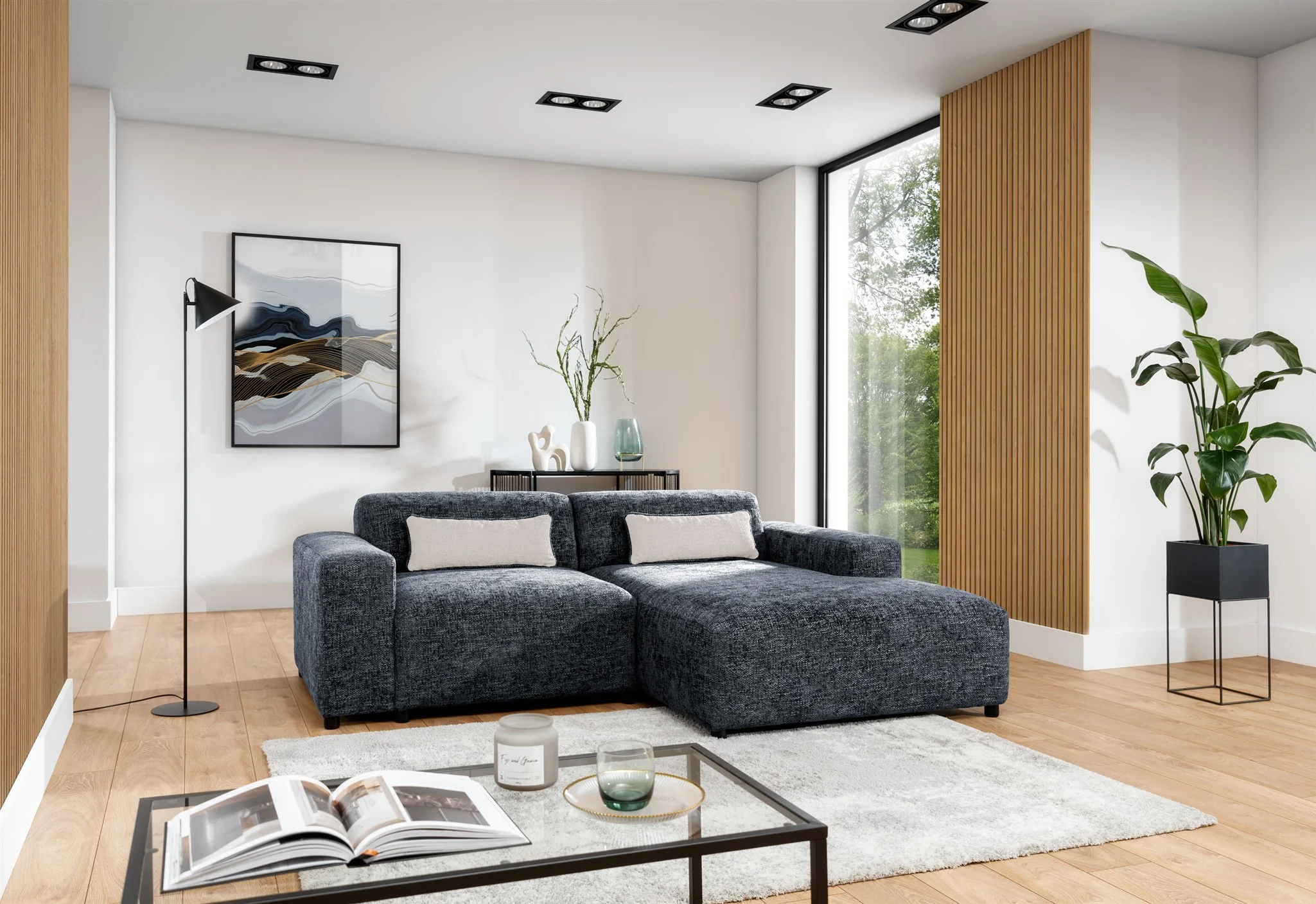 Ecksofa Designersofa ROMY XS in Stoff Enjoy Me Blau Ottomane Rechts - Fun Möbel