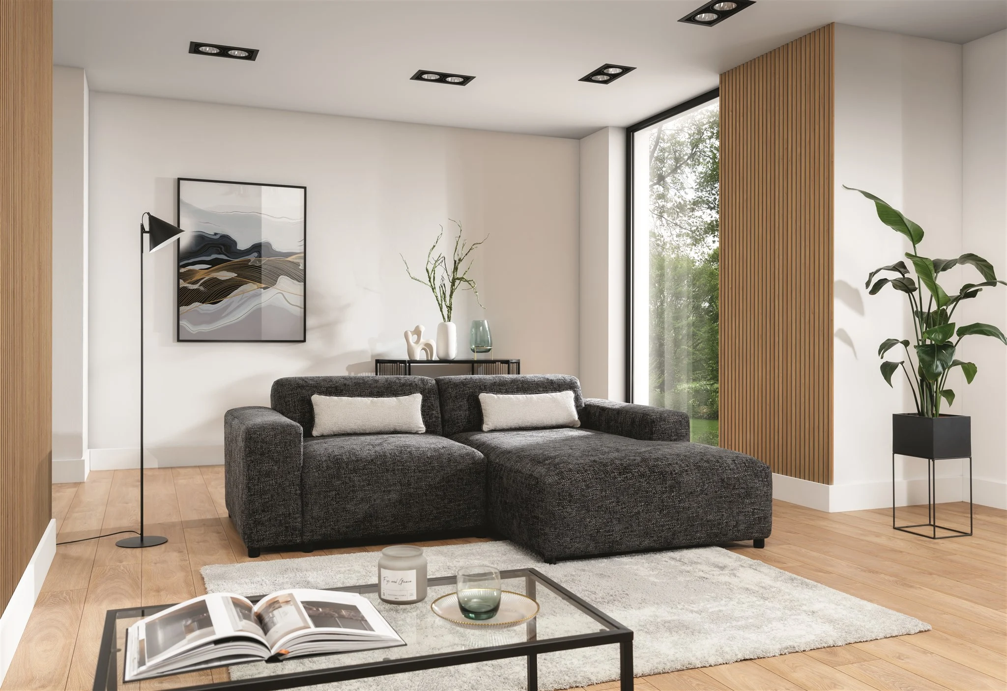 Ecksofa Designersofa ROMY XS in Stoff Enjoy Me Grafit Ottomane Rechts - Fun Möbel
