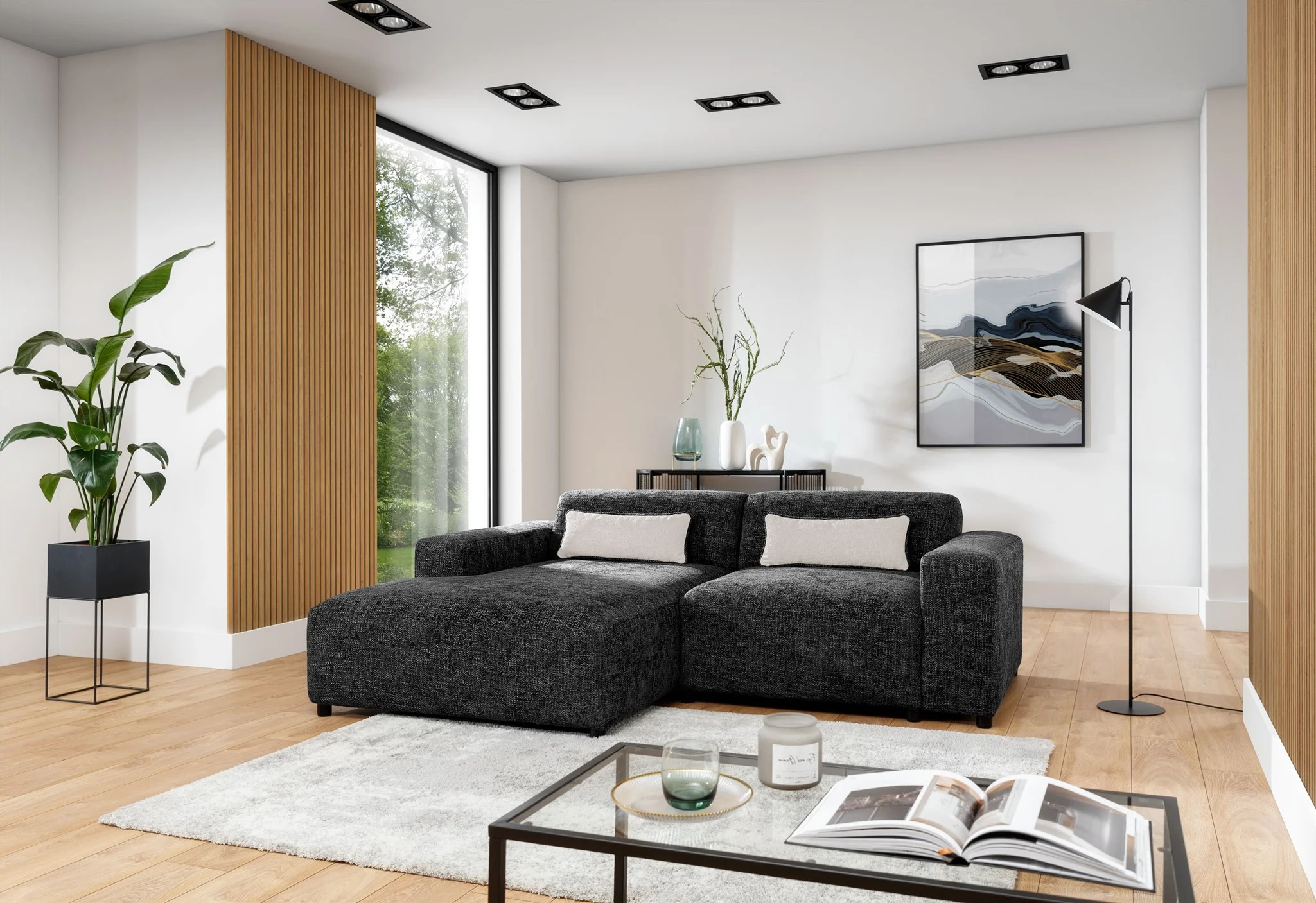Ecksofa Designersofa ROMY XS in Stoff Enjoy Me Schwarz Ottomane Links - Fun Möbel