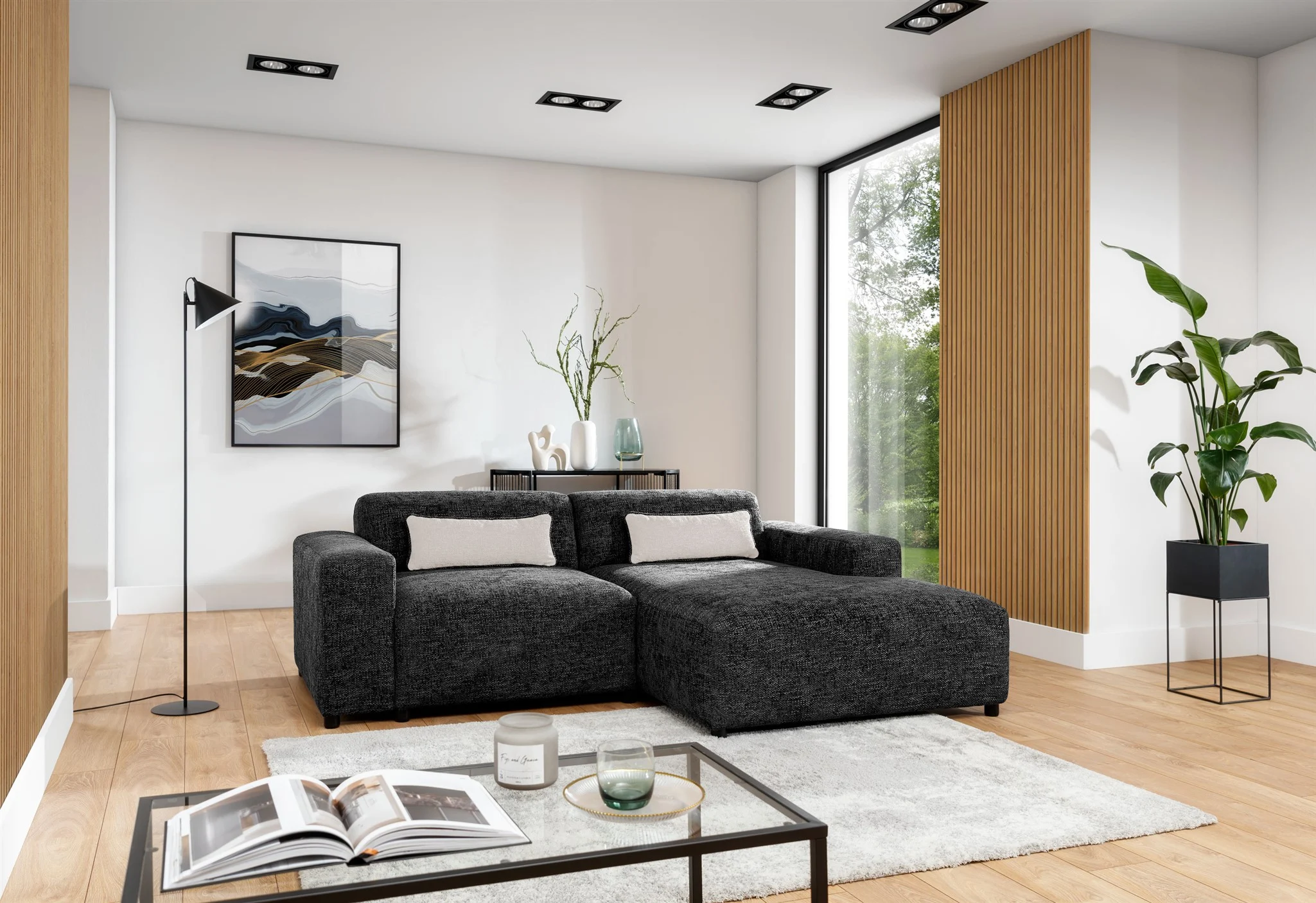 Ecksofa Designersofa ROMY XS in Stoff Enjoy Me Schwarz Ottomane Rechts - Fun Möbel