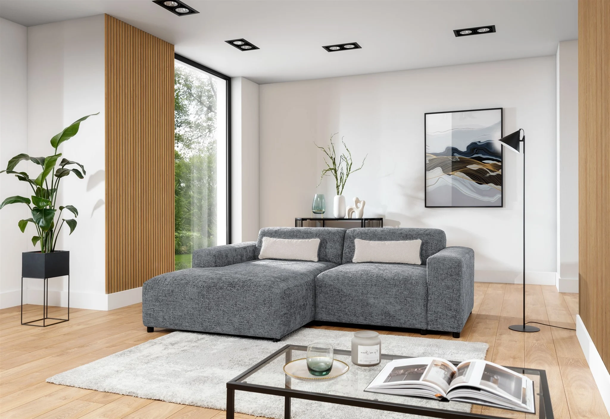 Ecksofa Designersofa ROMY XS in Stoff Enjoy Me Grau Ottomane Links - Fun Möbel