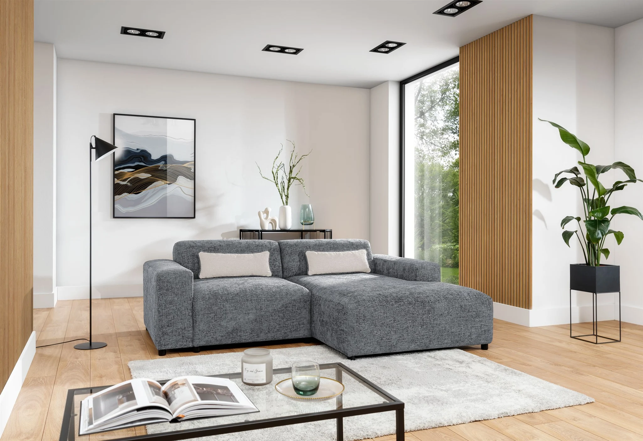 Ecksofa Designersofa ROMY XS in Stoff Enjoy Me Grau Ottomane Rechts - Fun Möbel