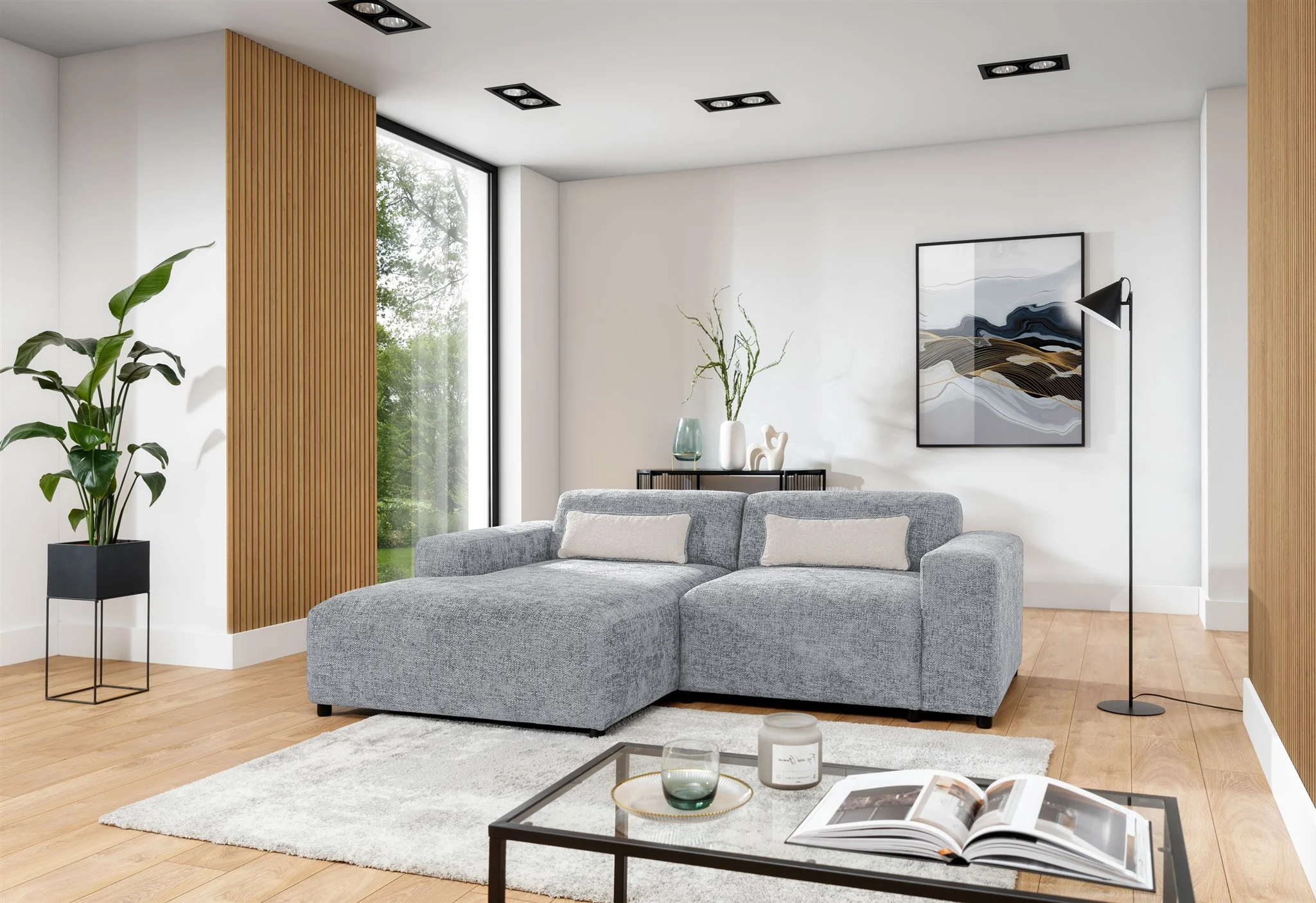 Ecksofa Designersofa ROMY XS in Stoff Enjoy Me Hellgrau Ottomane Links - Fun Möbel