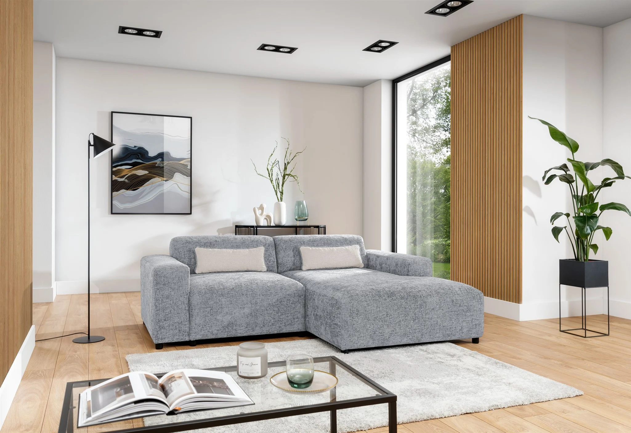 Ecksofa Designersofa ROMY XS in Stoff Enjoy Me Hellgrau Ottomane Rechts - Fun Möbel