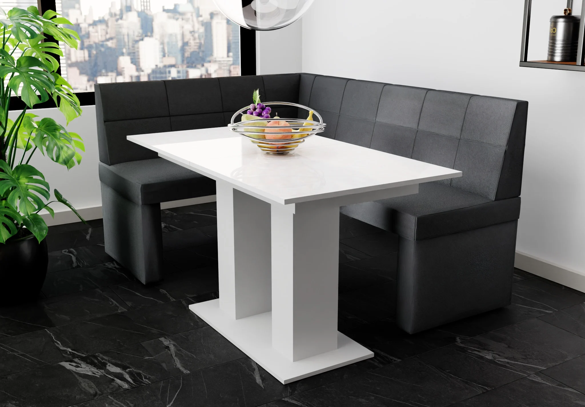 Eckbankgruppe 196x142 cm BLAKE XL R Stoff Soro Anthrazit/ Esstisch DANTE Weiß HGL - Fun Möbel