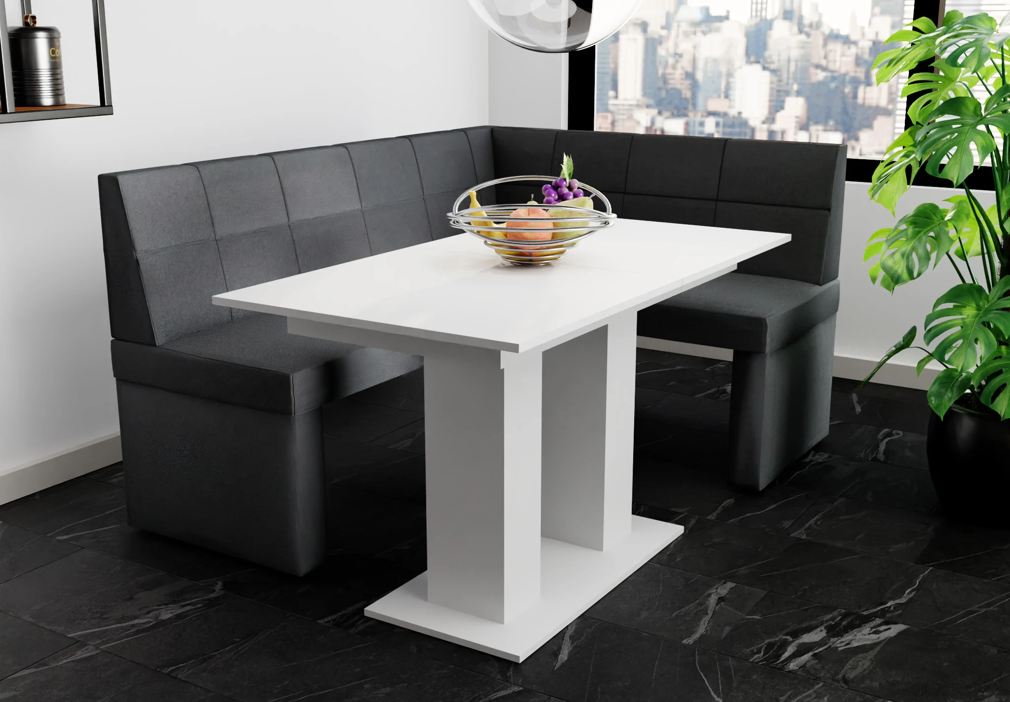 Eckbankgruppe 196x142 cm BLAKE XL L Stoff Soro Anthrazit/ Esstisch DANTE Weiß - Fun Möbel