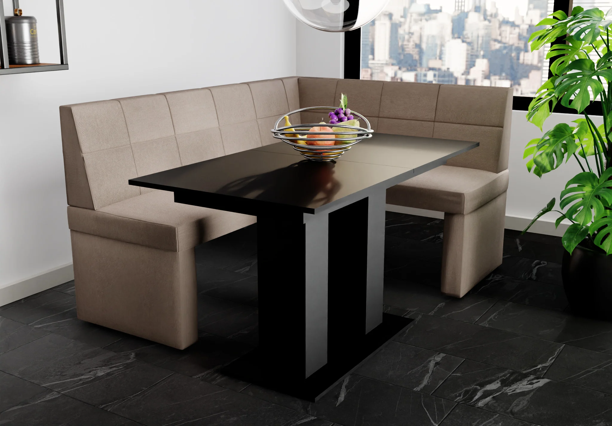 Eckbankgruppe 196x142 cm BLAKE XL L Stoff Soro Taupe / Esstisch DANTE Schwarz - Fun Möbel