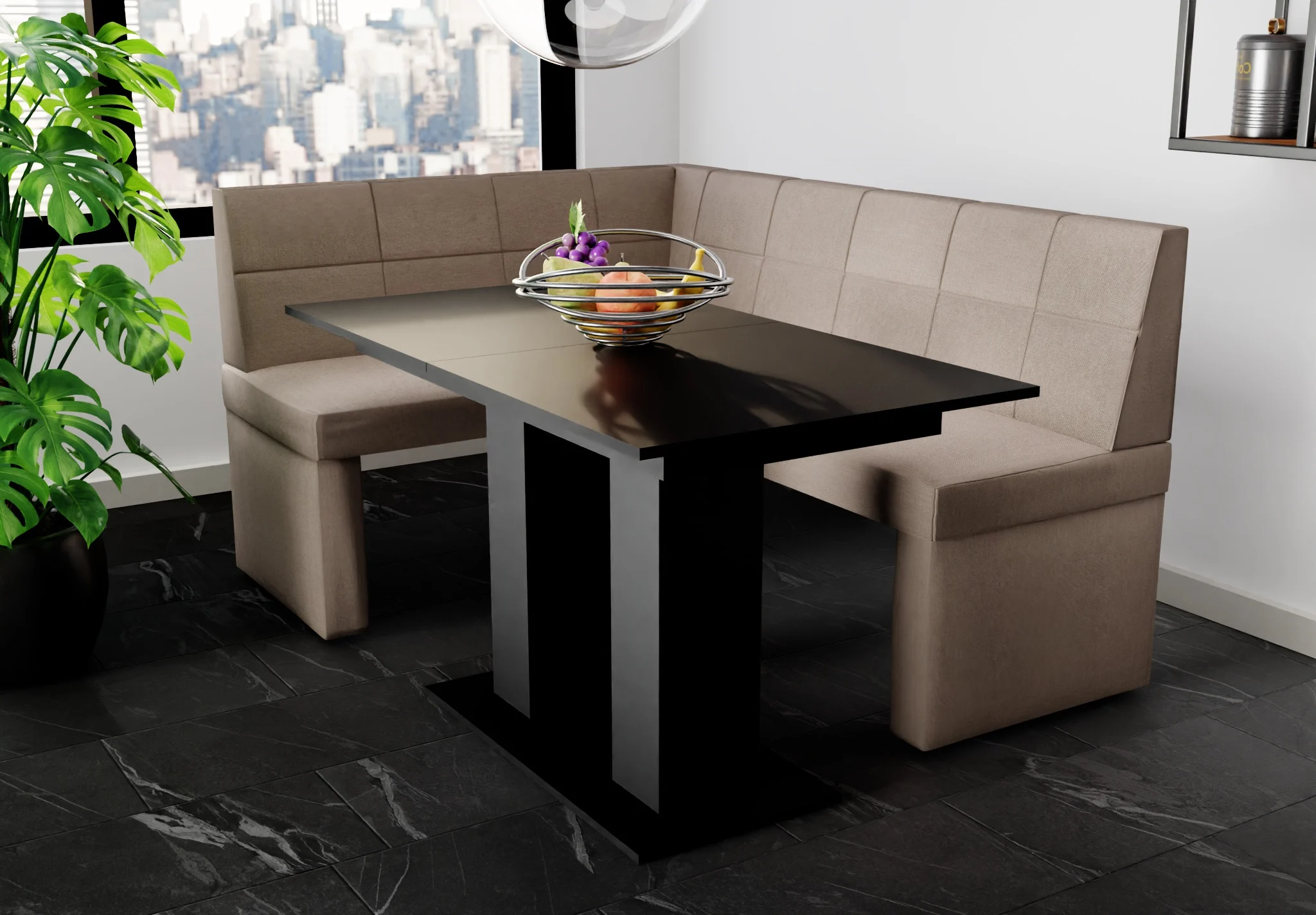 Eckbankgruppe 196x142 cm BLAKE XL R Stoff Soro Taupe / Esstisch DANTE Schwarz - Fun Möbel